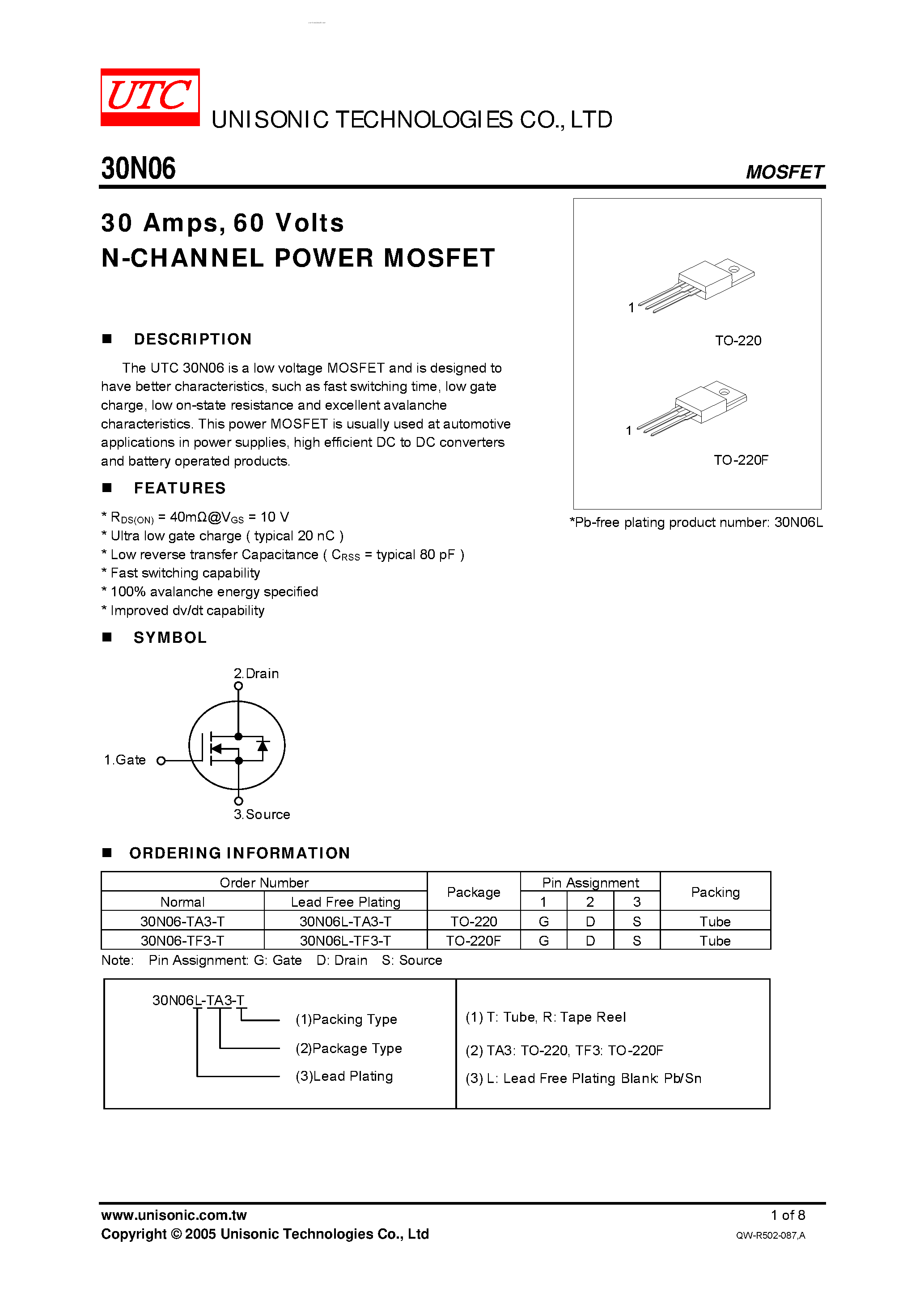 Даташит 30N06 - N-CHANNEL POWER MOSFET страница 1