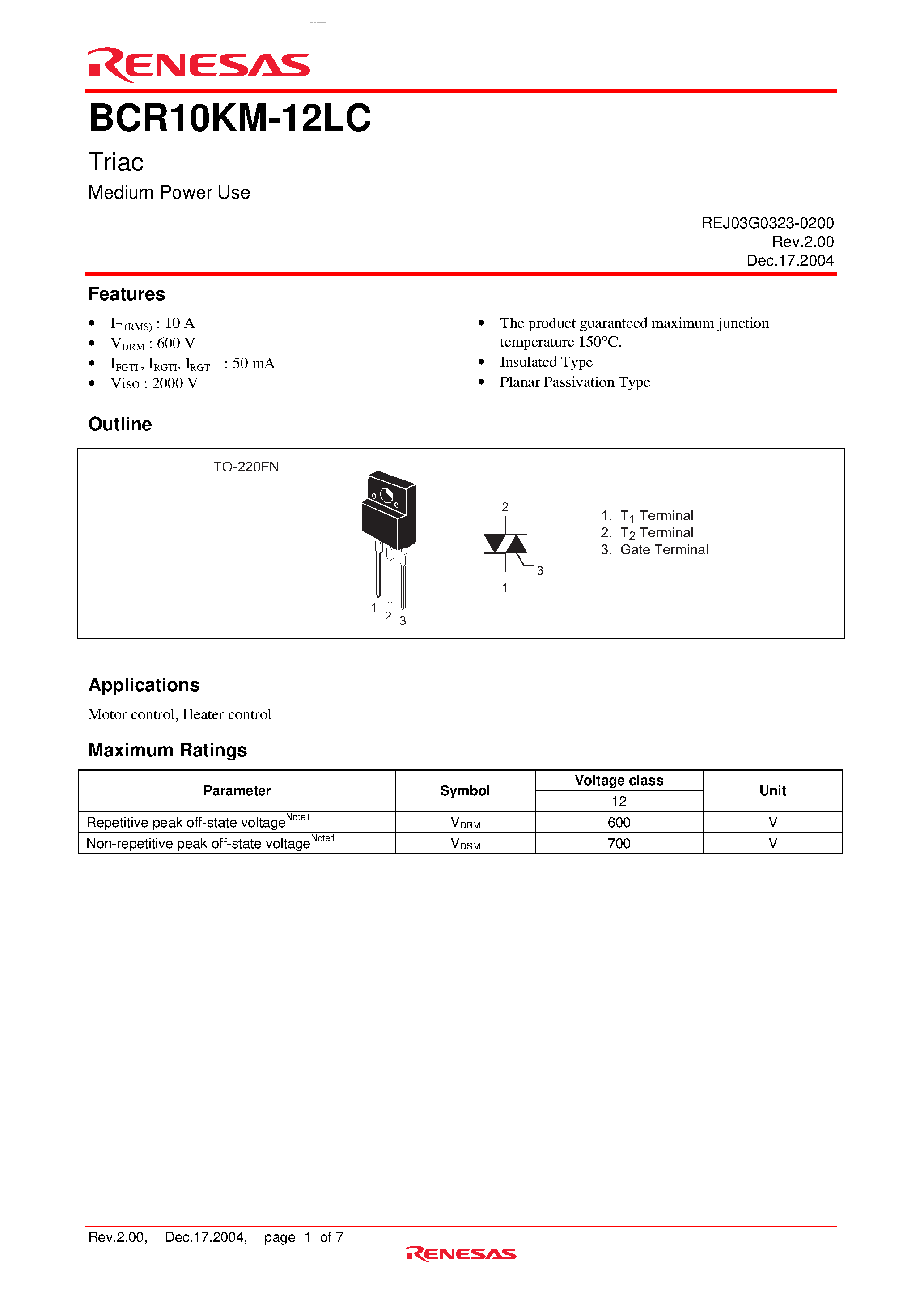 Даташит BCR10KM-12LC - Triac Medium Power Use страница 1