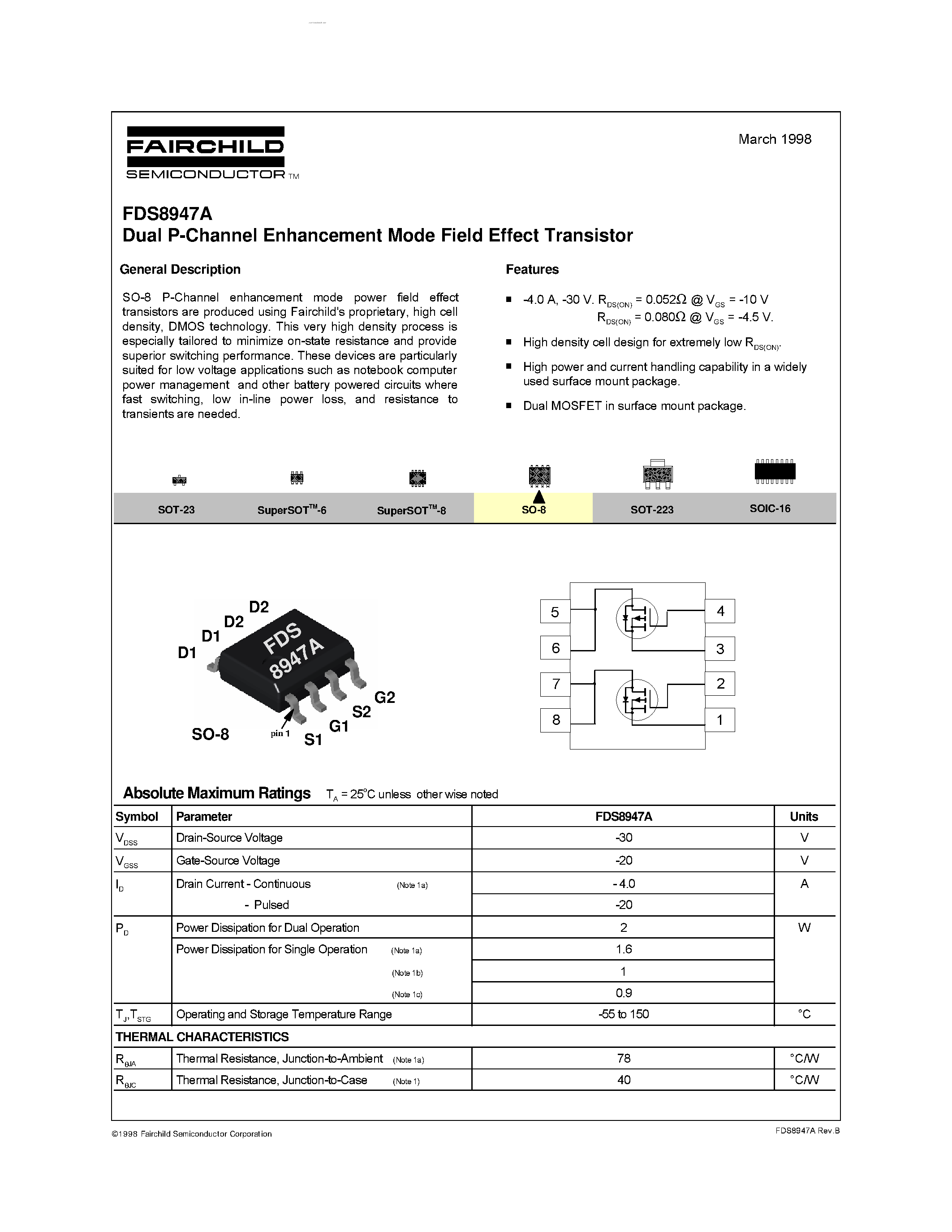 Datasheet FDS8947A - Dual P-Channel Enhancement Mode Field Effect Transistor page 1