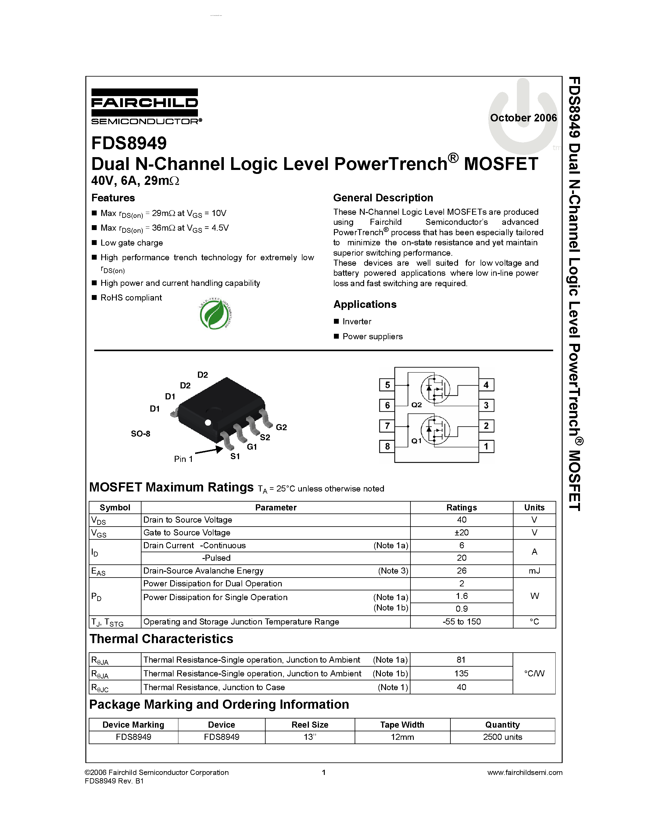 Datasheet FDS8949 - Dual N-Channel Logic Level PowerTrench MOSFET page 1