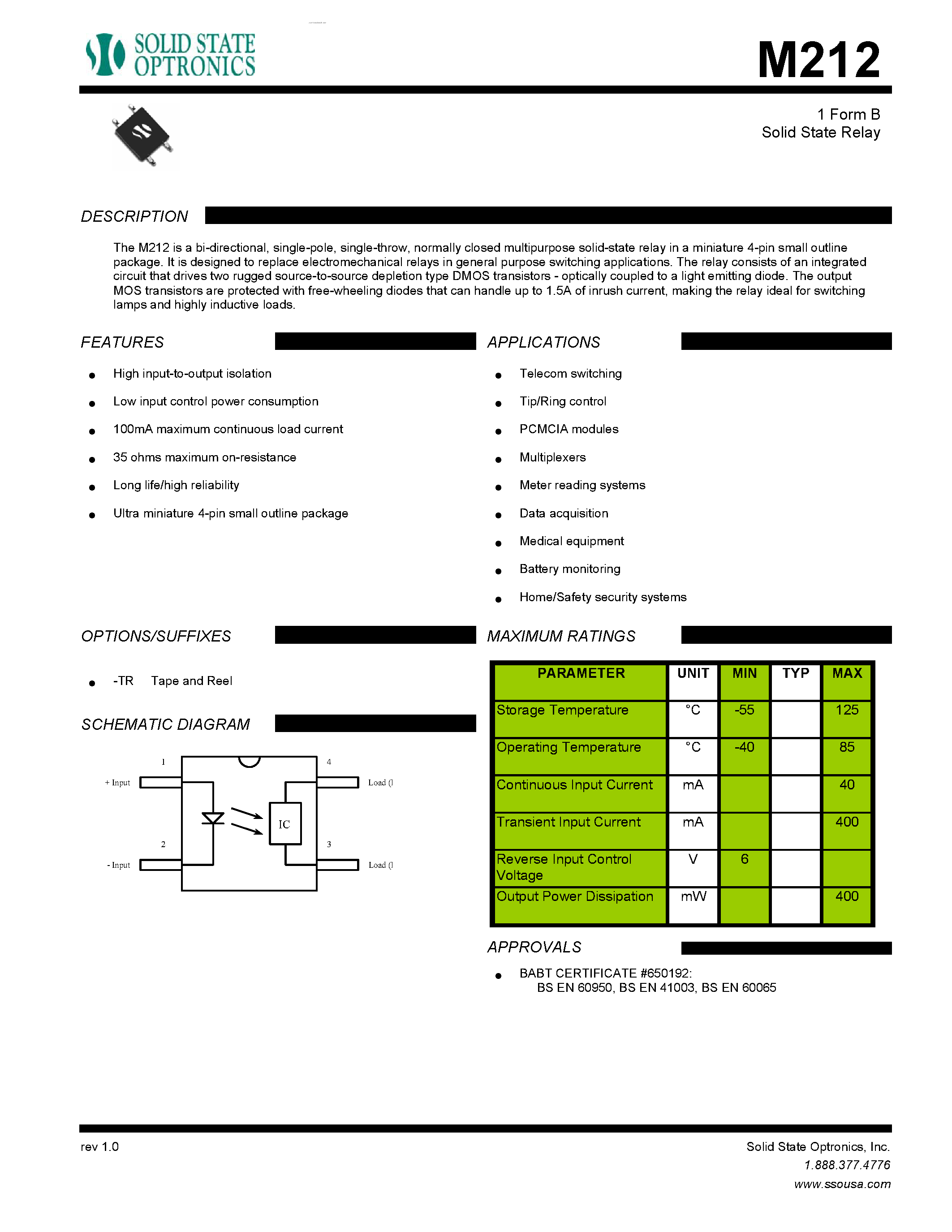 Datasheet M212 - 1 Form B Solid State Relay page 1