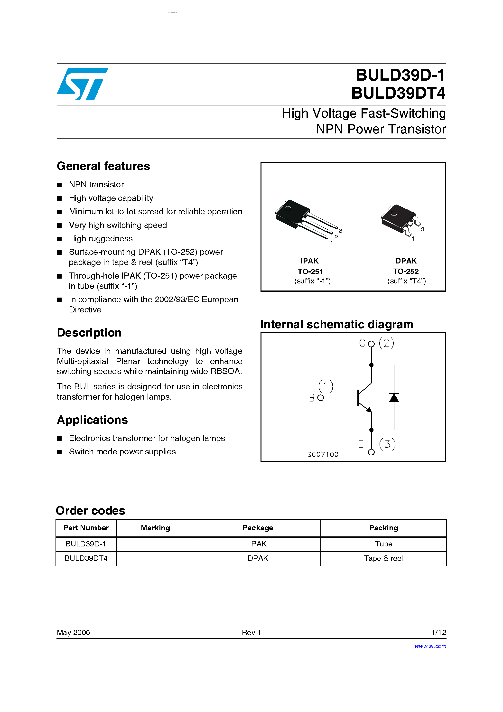 Даташит BULD39D-1 - (BULD39D-1 / BULD39DT4) High Voltage Fast-Switching NPN Power Transistor страница 1