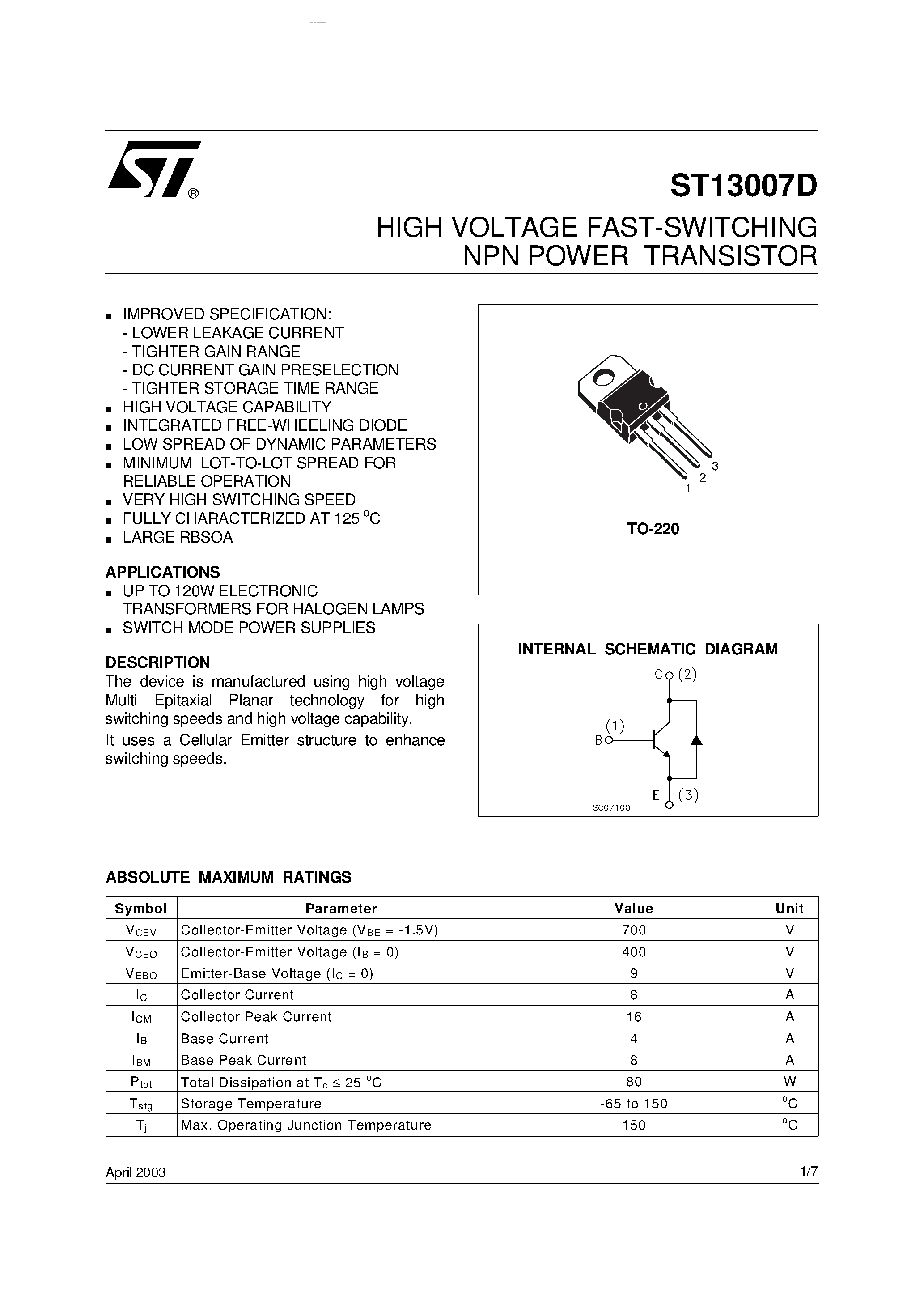 Datasheet ST13007D - HIGH VOLTAGE FAST-SWITCHING NPN POWER TRANSISTOR page 1