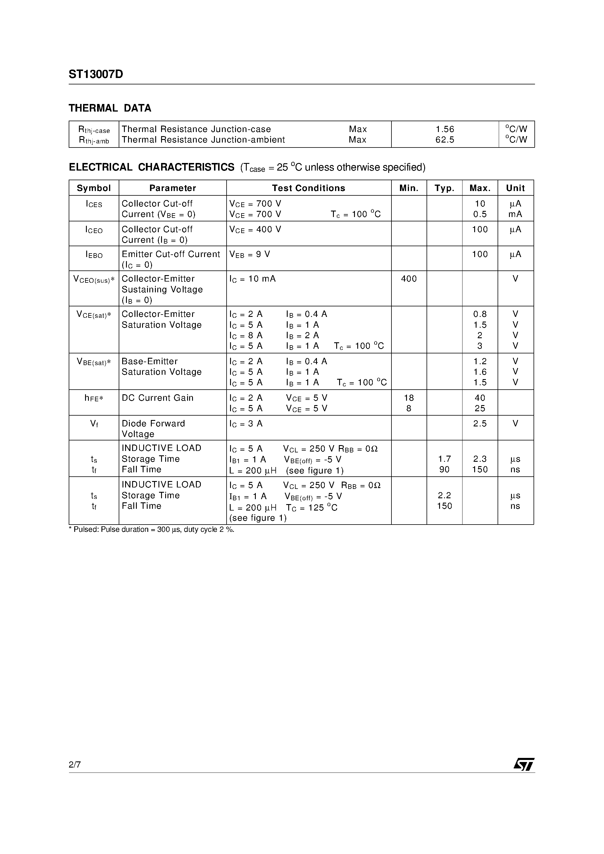 Datasheet ST13007D - HIGH VOLTAGE FAST-SWITCHING NPN POWER TRANSISTOR page 2