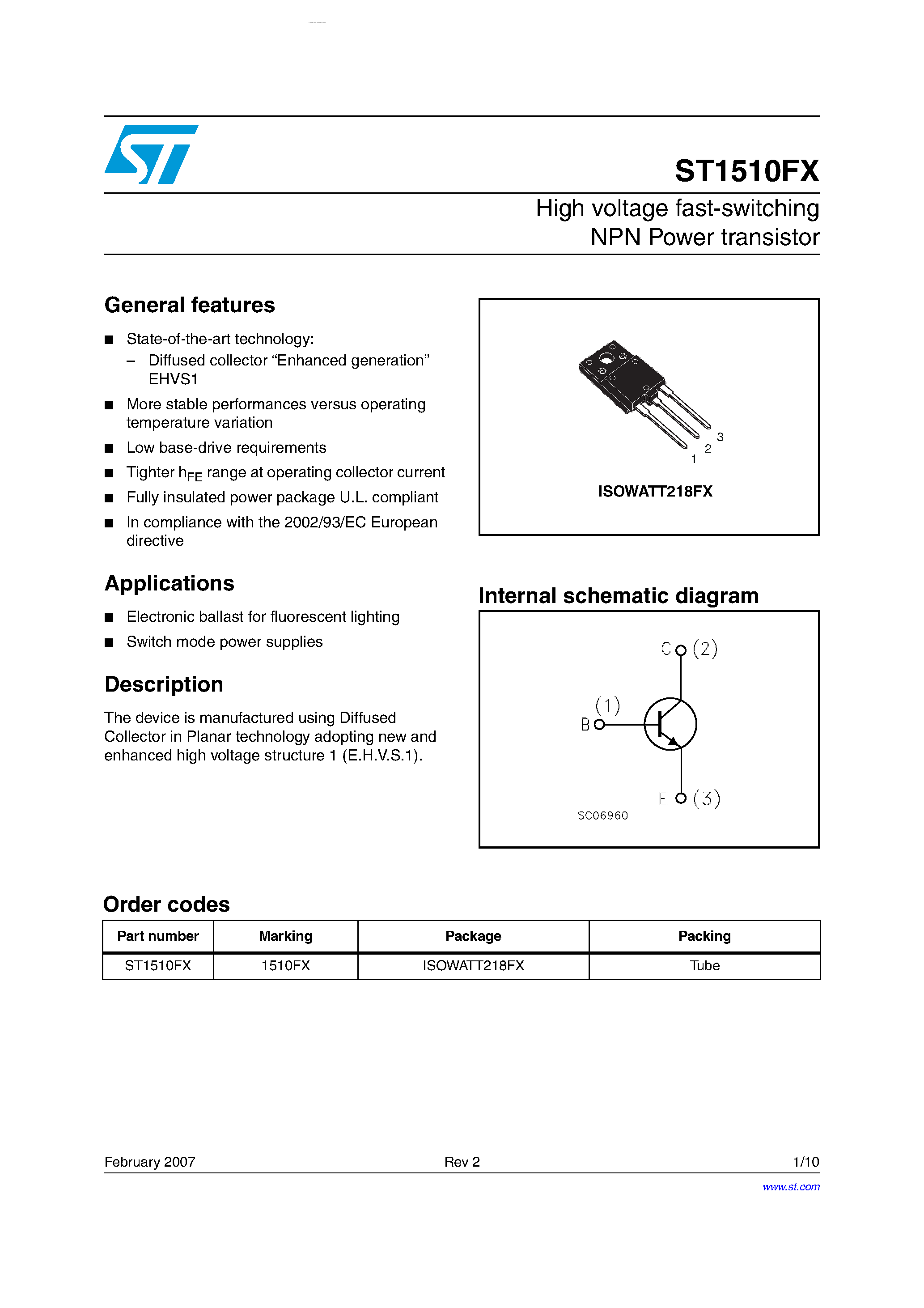 Datasheet ST1510FX - High voltage fast-switching NPN Power transistor page 1