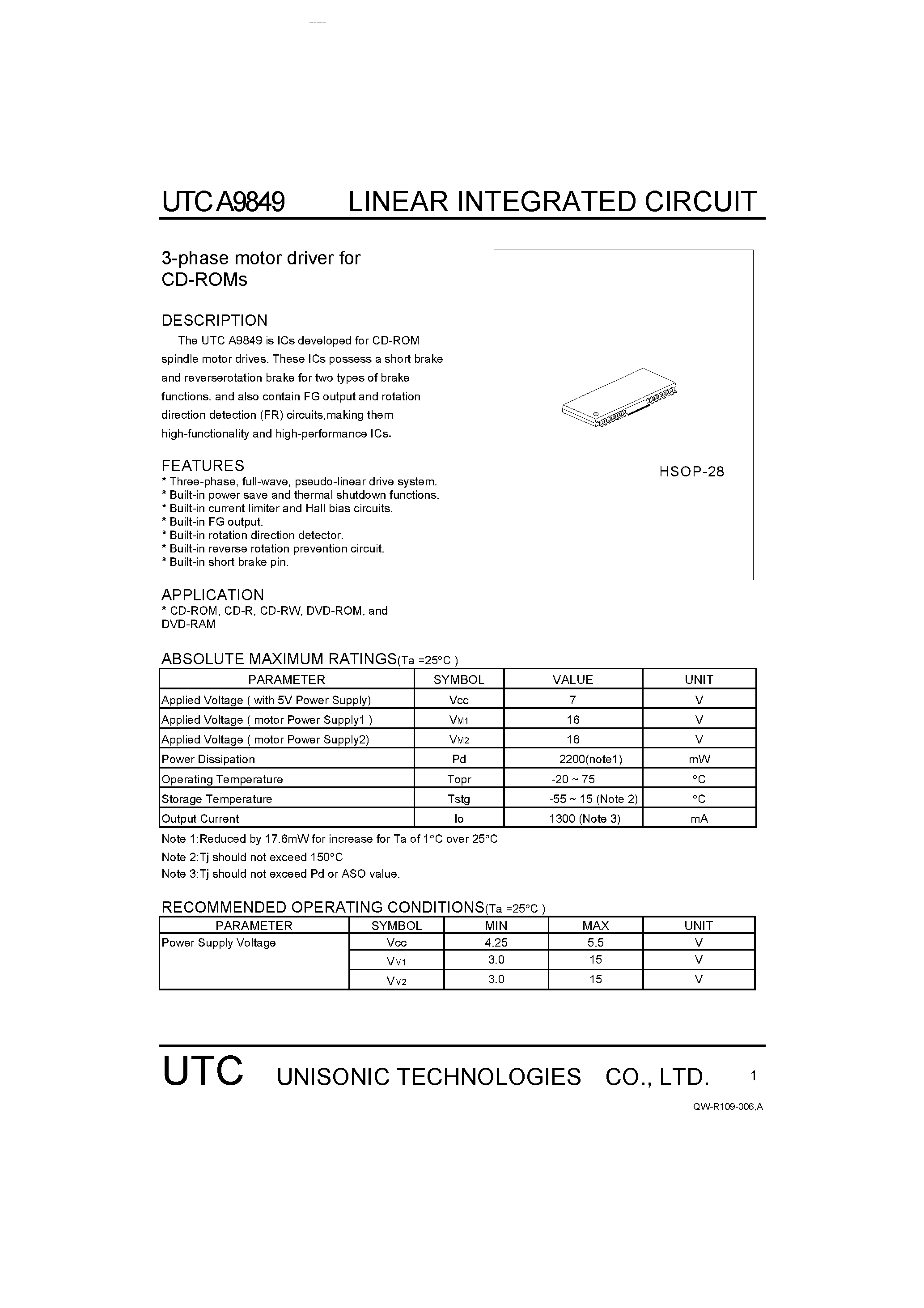 Datasheet UTCA9849 - 3-phase motor driver page 1