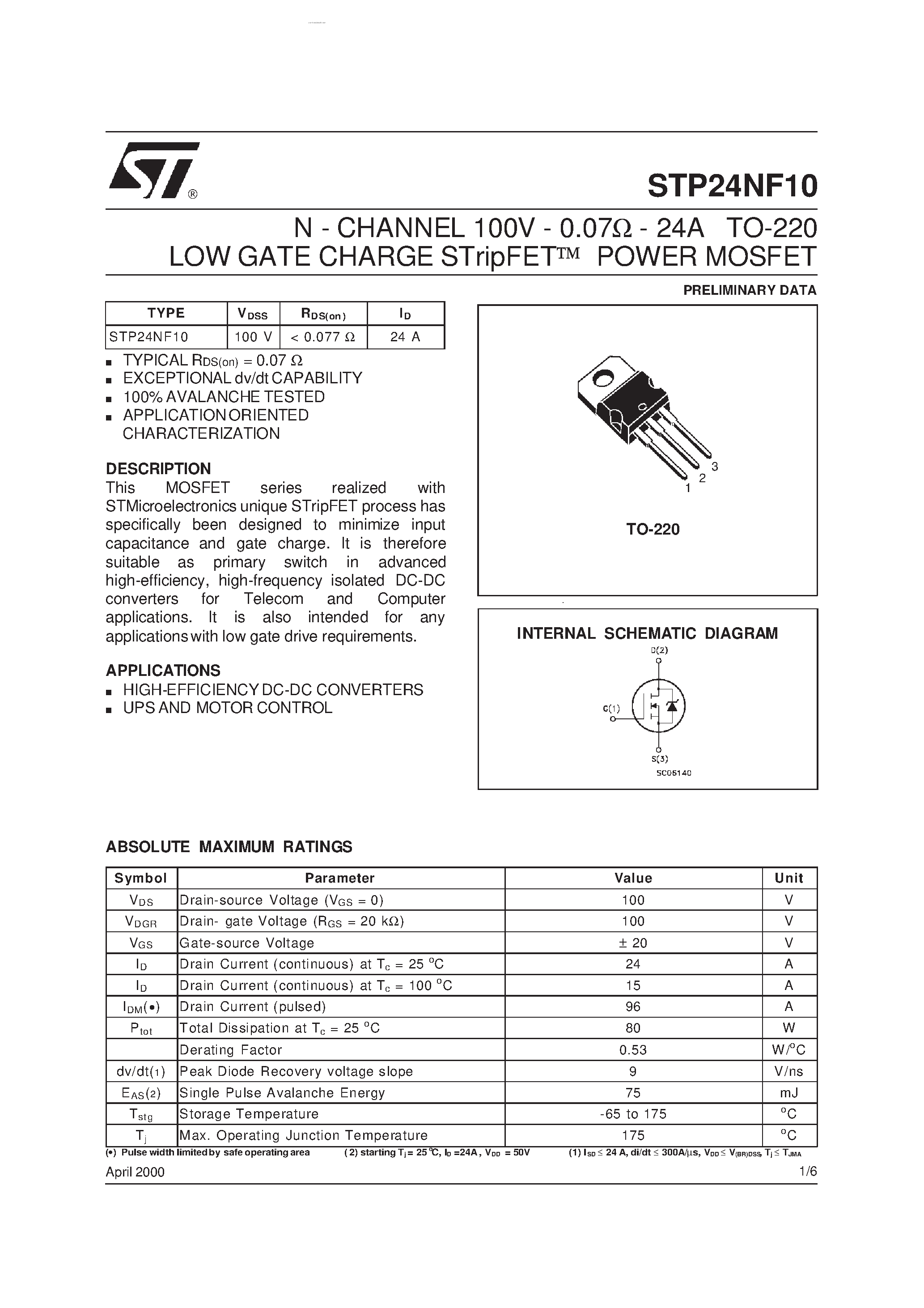 Даташит STP24NF10 - N-CHANNEL POWER MOSFET страница 1