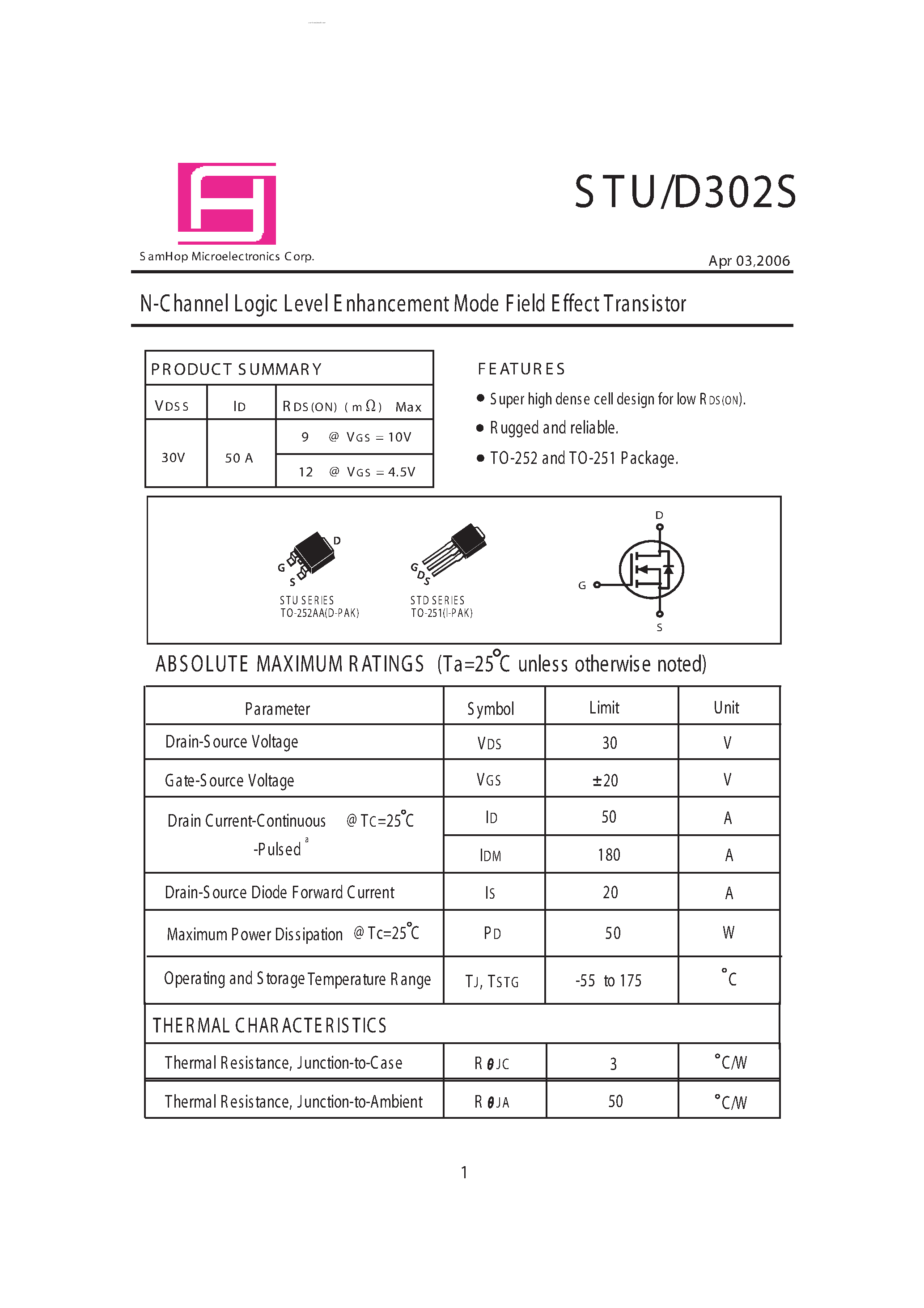 Datasheet STU302S - N-Channel Logic Level E nhancement Mode Field Effect Transistor page 1