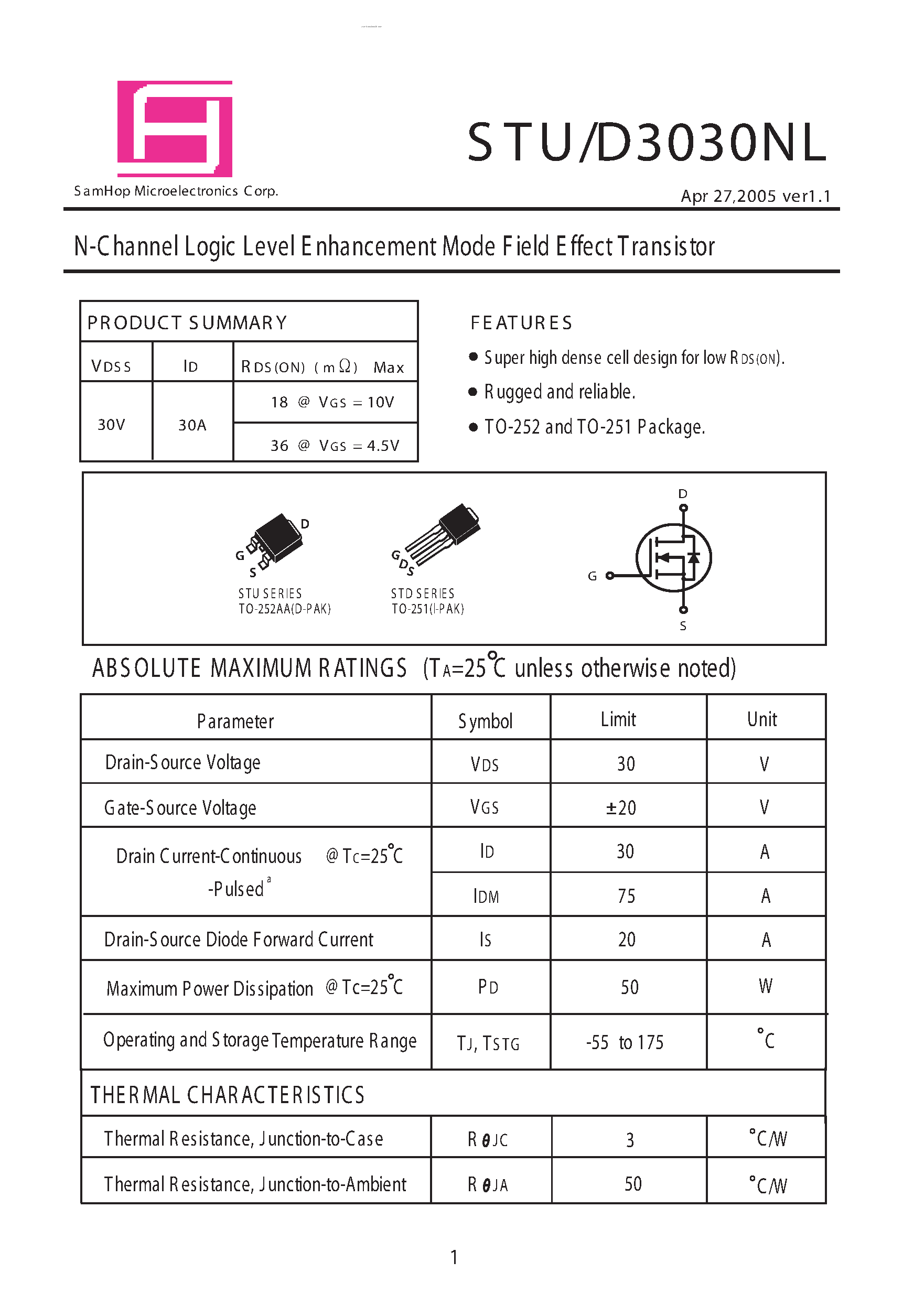 Datasheet STU3030NL - N-Channel Logic Level E nhancement Mode Field Effect Transistor page 1