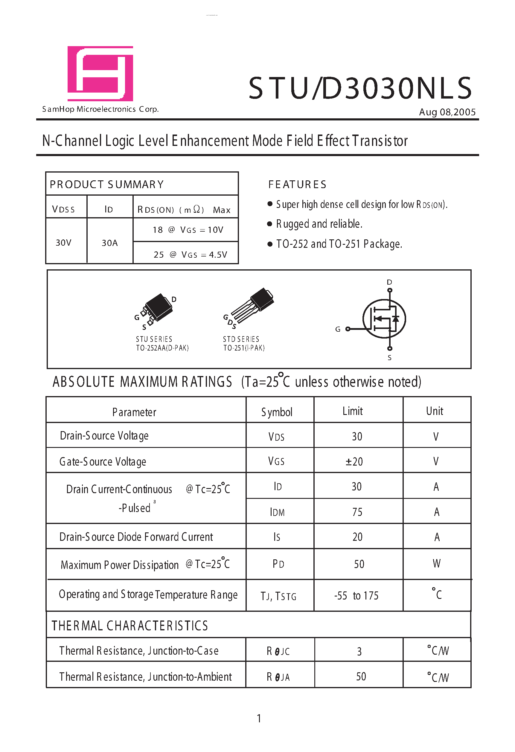 Datasheet STU3030NLS - N-Channel Logic Level E nhancement Mode Field Effect Transistor page 1