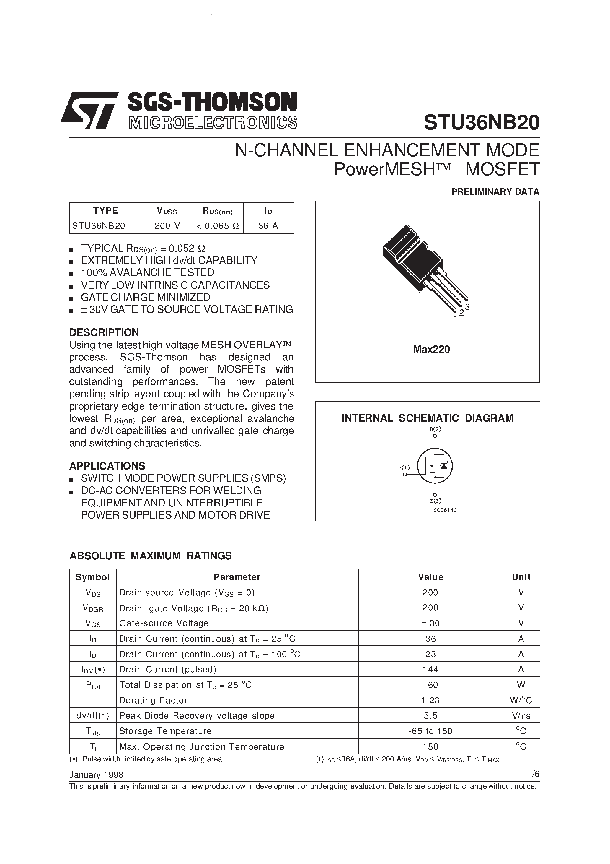 Datasheet STU36NB20 - N-CHANNEL MOSFET page 1