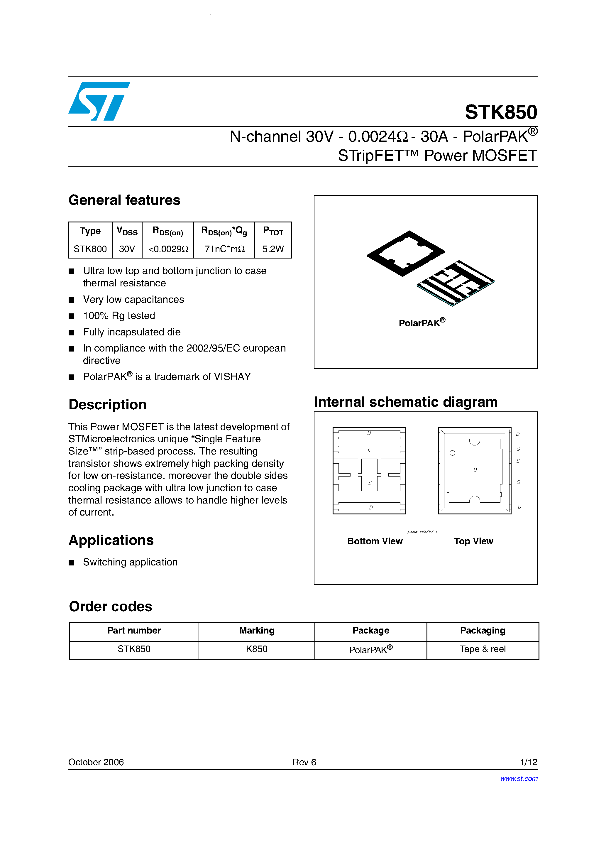 Datasheet STK850 - N-CHANNEL Power MOSFET page 1