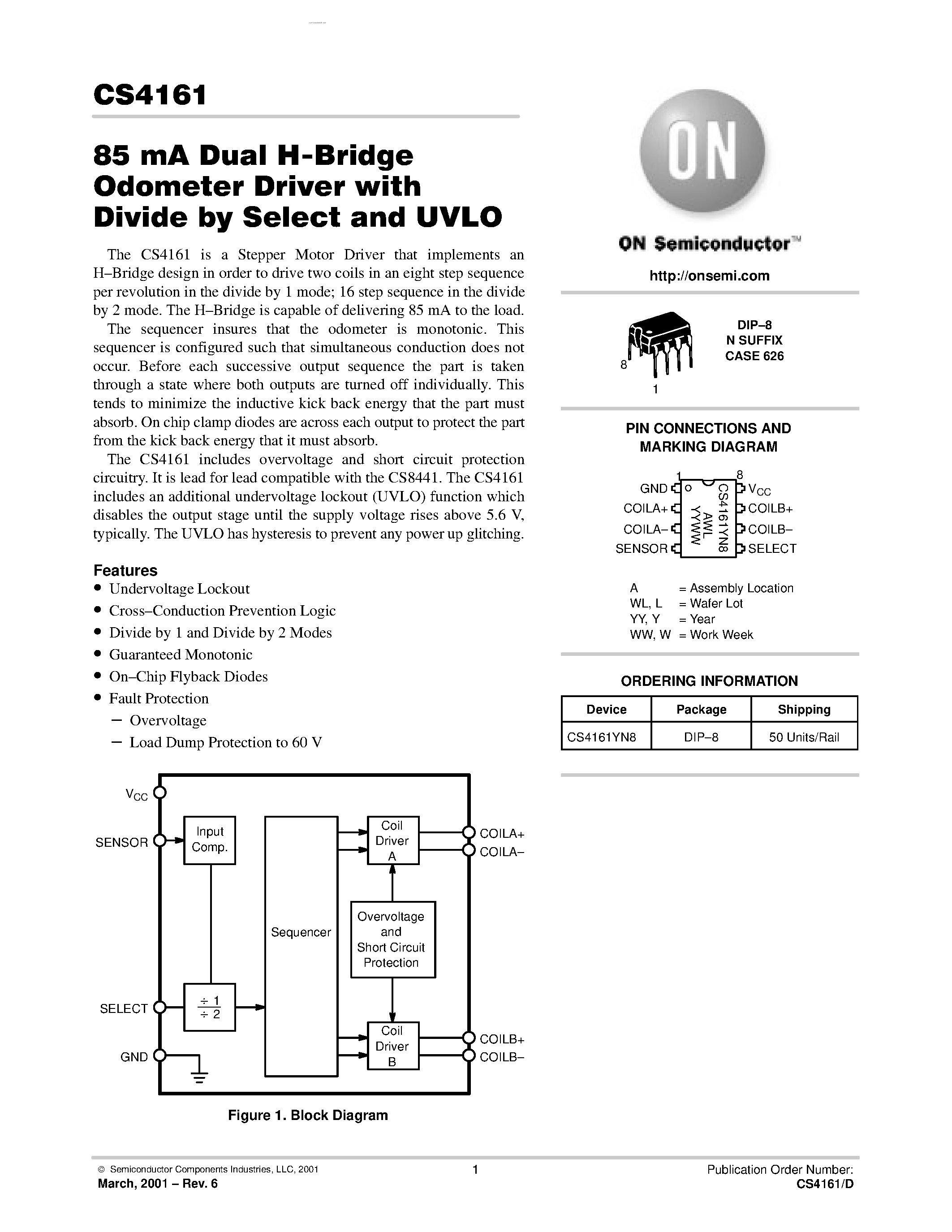 Даташит CS4161 - Dual H-Bridge Odometer Driver страница 1