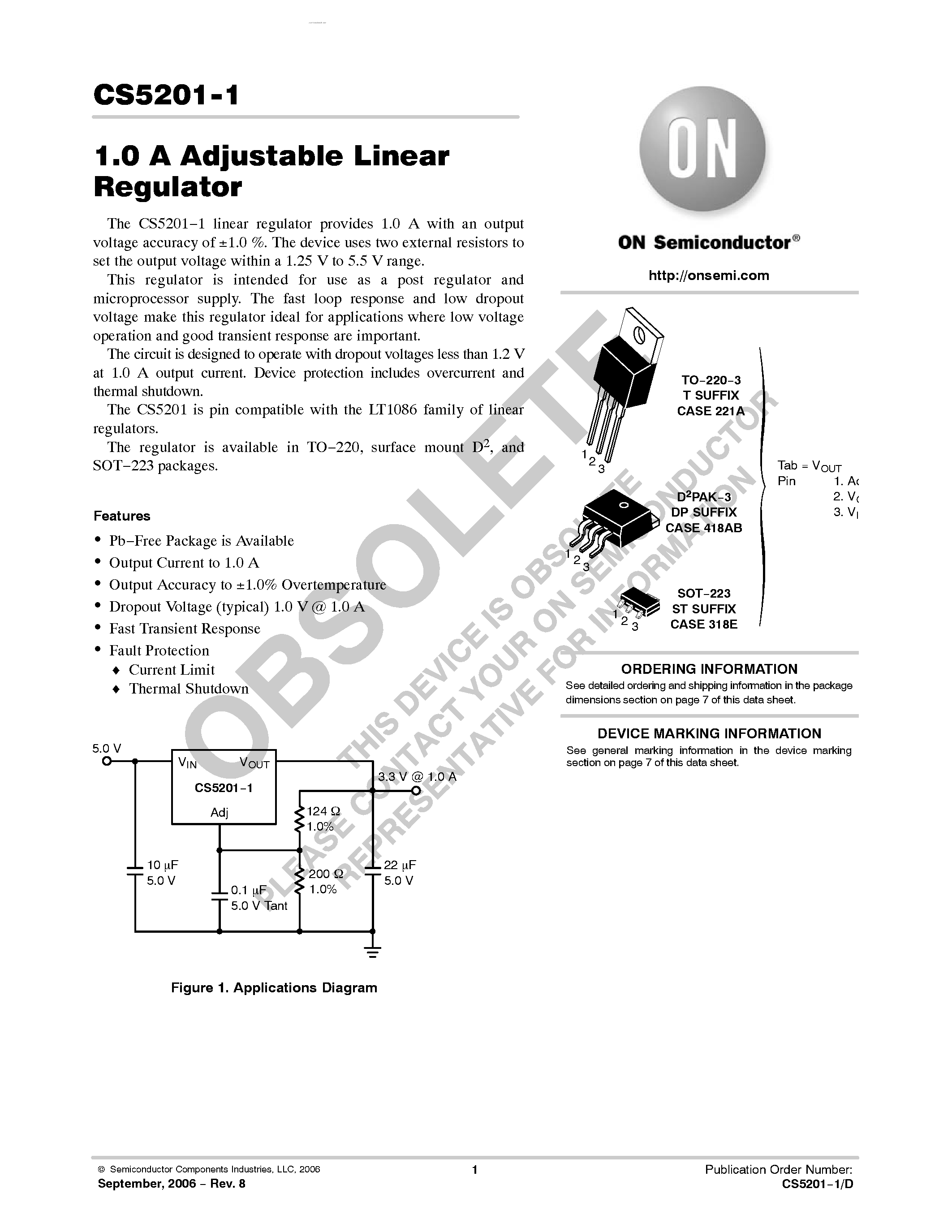 Даташит CS5201-1 - 1.0 A Adjustable Linear Regulator страница 1