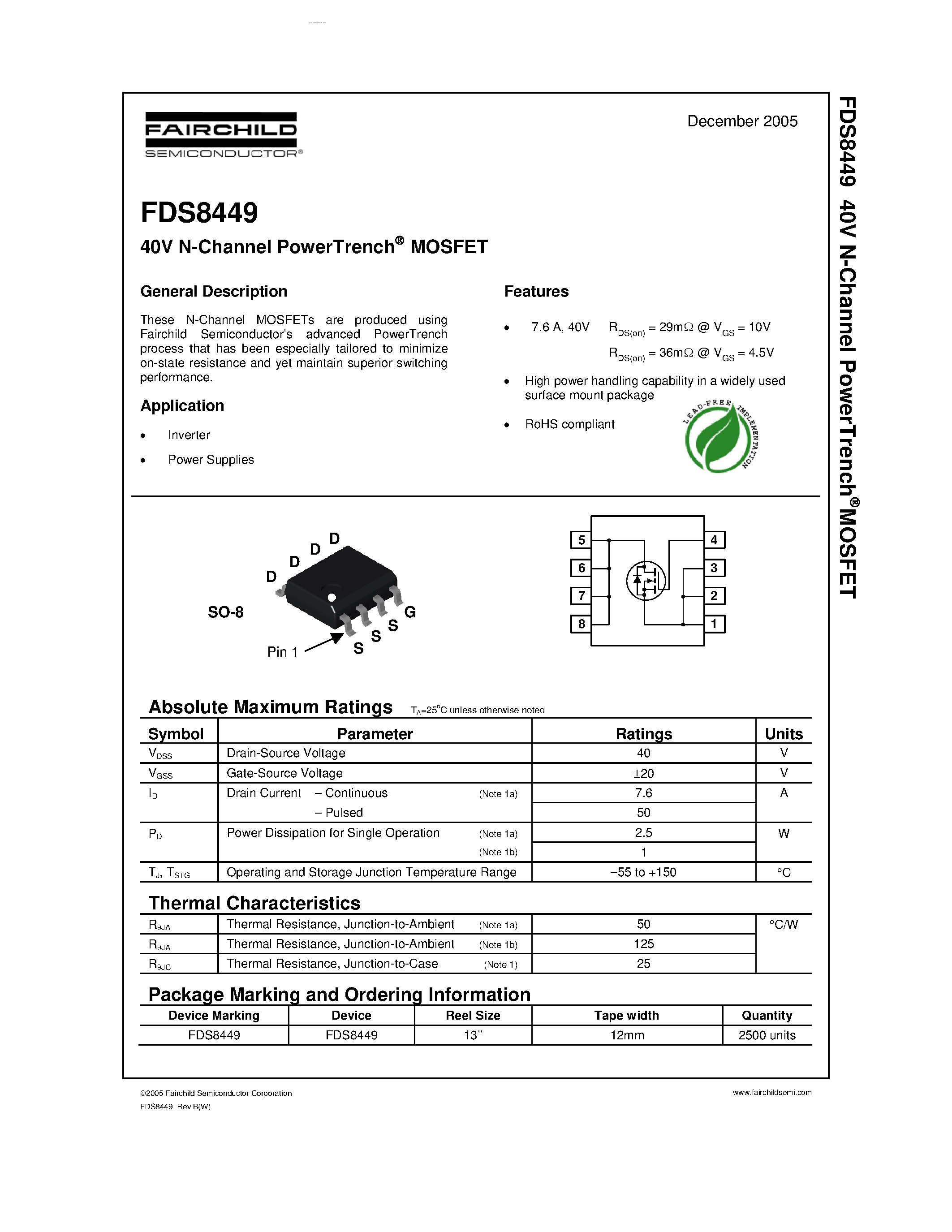 Даташит FDS8449 - N-Channel PowerTrench MOSFET страница 1