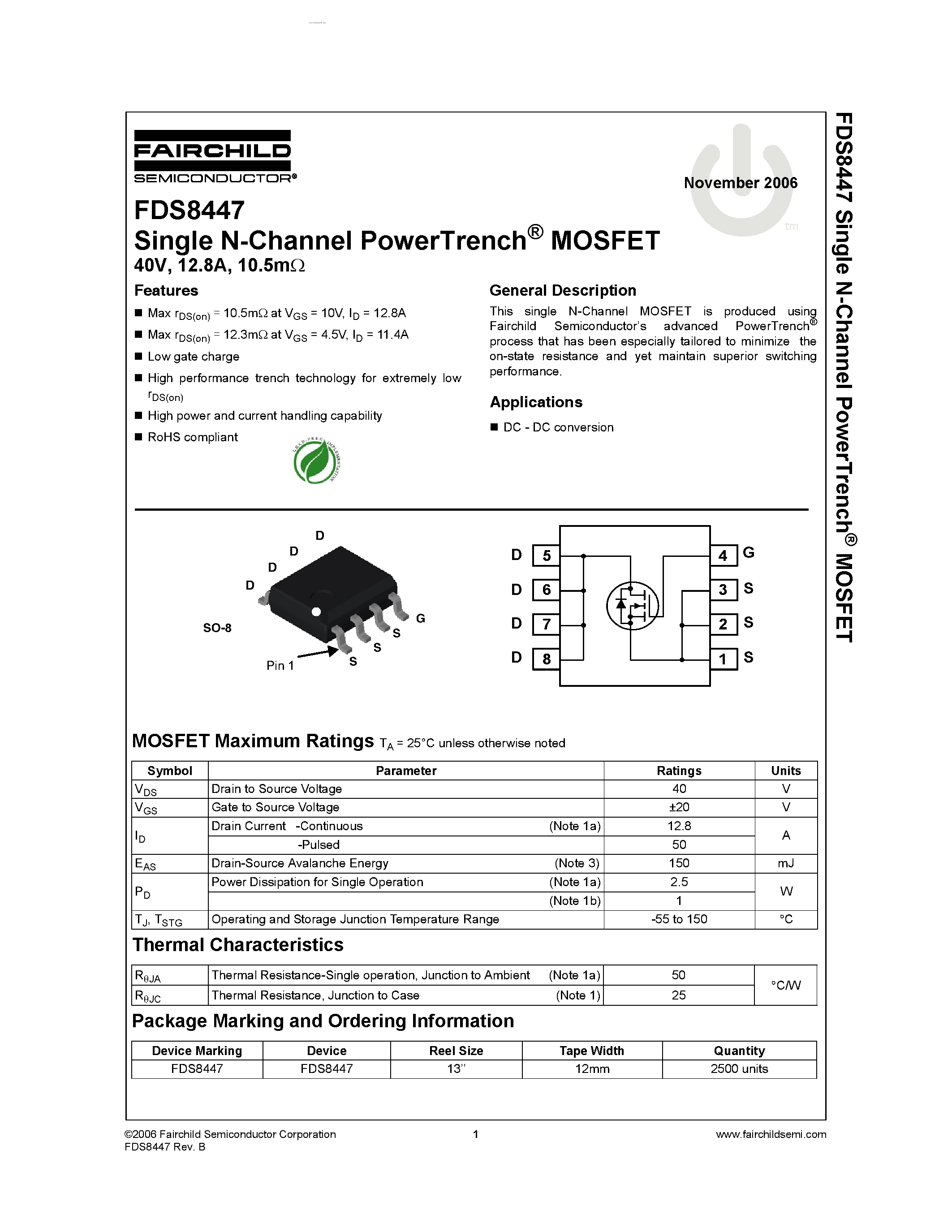 Даташит FDS8447 - Single N-Channel PowerTrench MOSFET страница 1