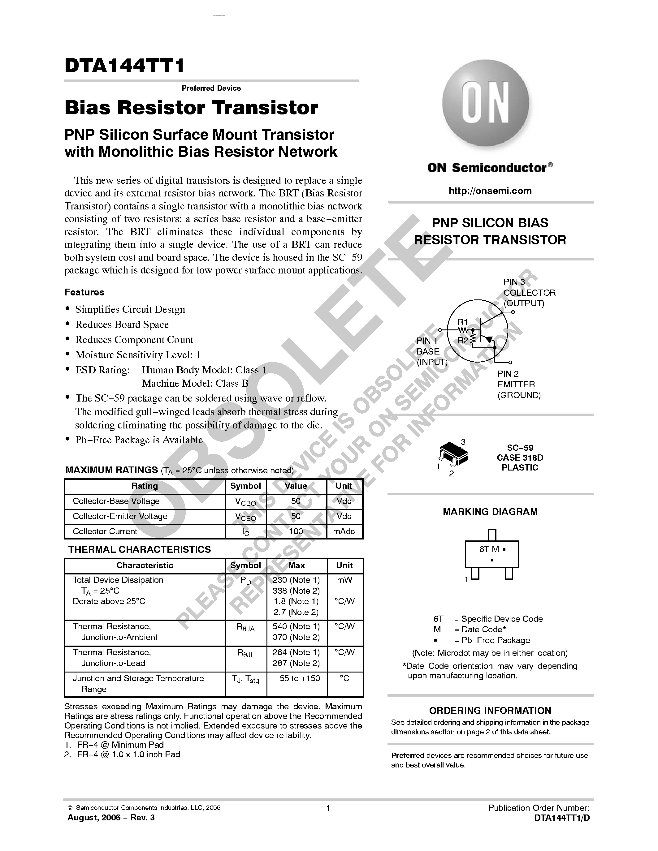 Даташит DTA144TT1 - Bias Resistor Transistor PNP Silicon Surface Mount Transistor страница 1