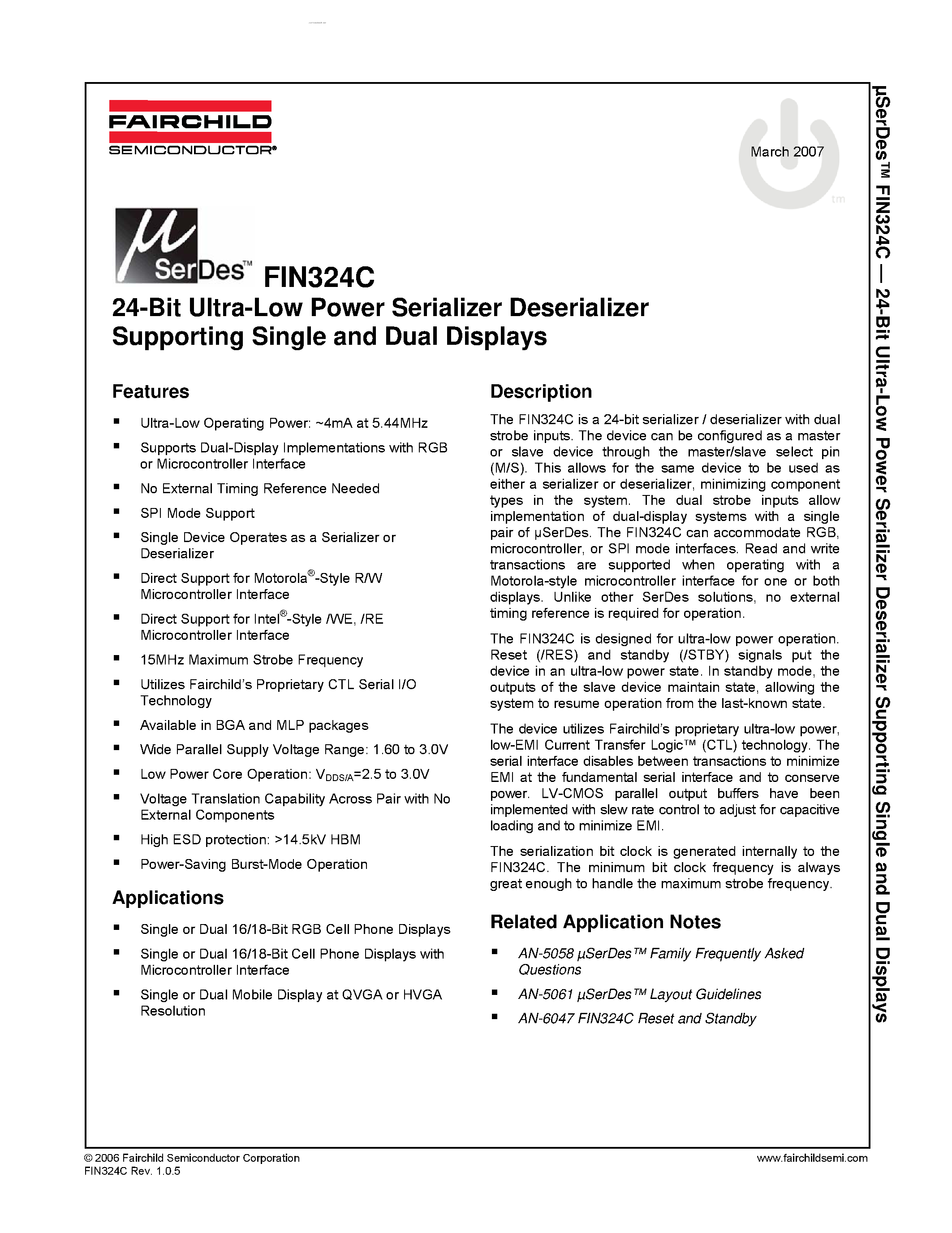 Даташит FIN324C - 24-Bit Ultra-Low Power Serializer Deserializer Supporting Single and Dual Displays страница 1