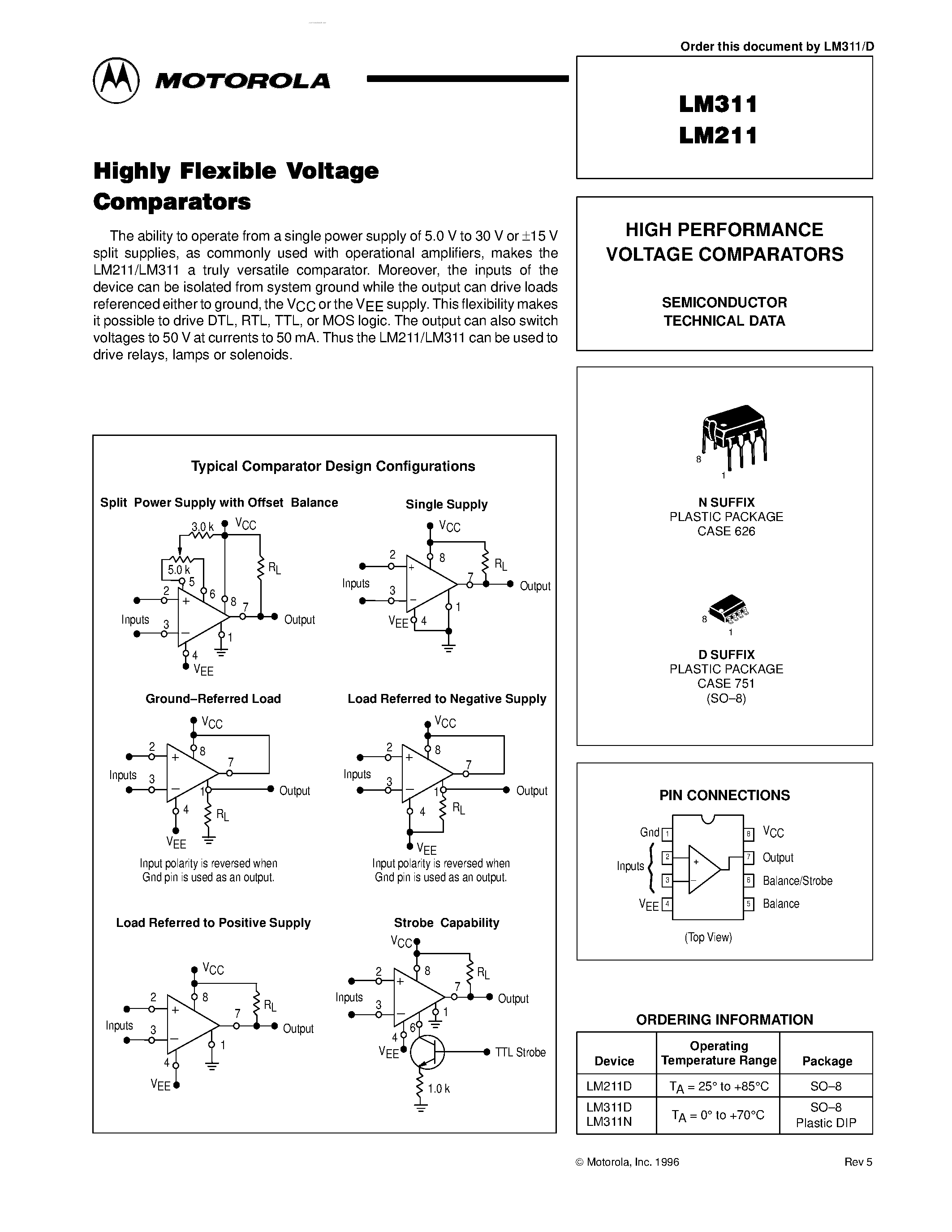 Datasheet LM211 - HIGH PERFORMANCE VOLTAGE COMPARATORS page 1