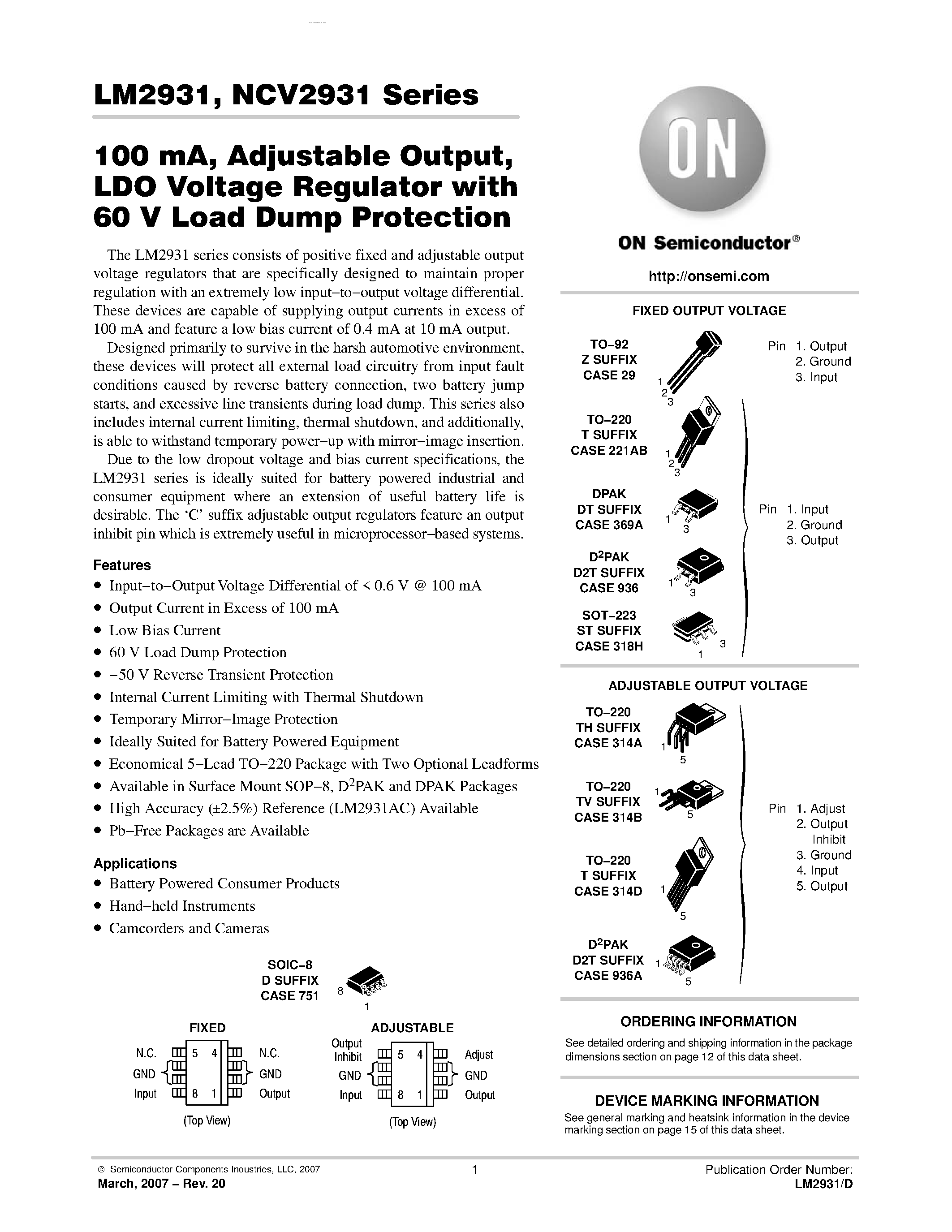 Datasheet LM2931 - LOW DROPOUT VOLTAGE REGULATORS page 1