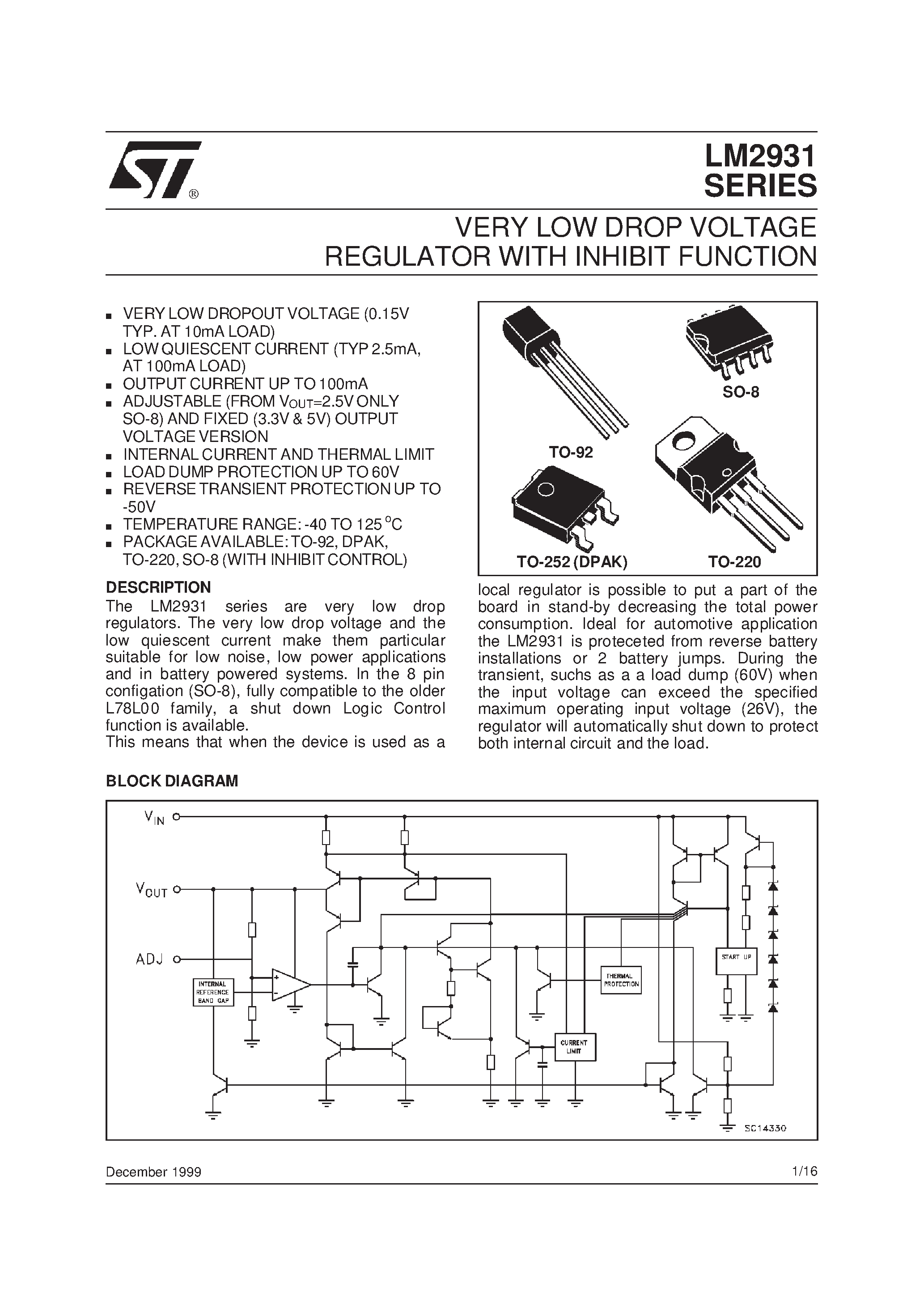 Datasheet LM2931 - VERY LOW DROP VOLTAGE REGULATOR WITH INHIBIT FUNCTION page 1