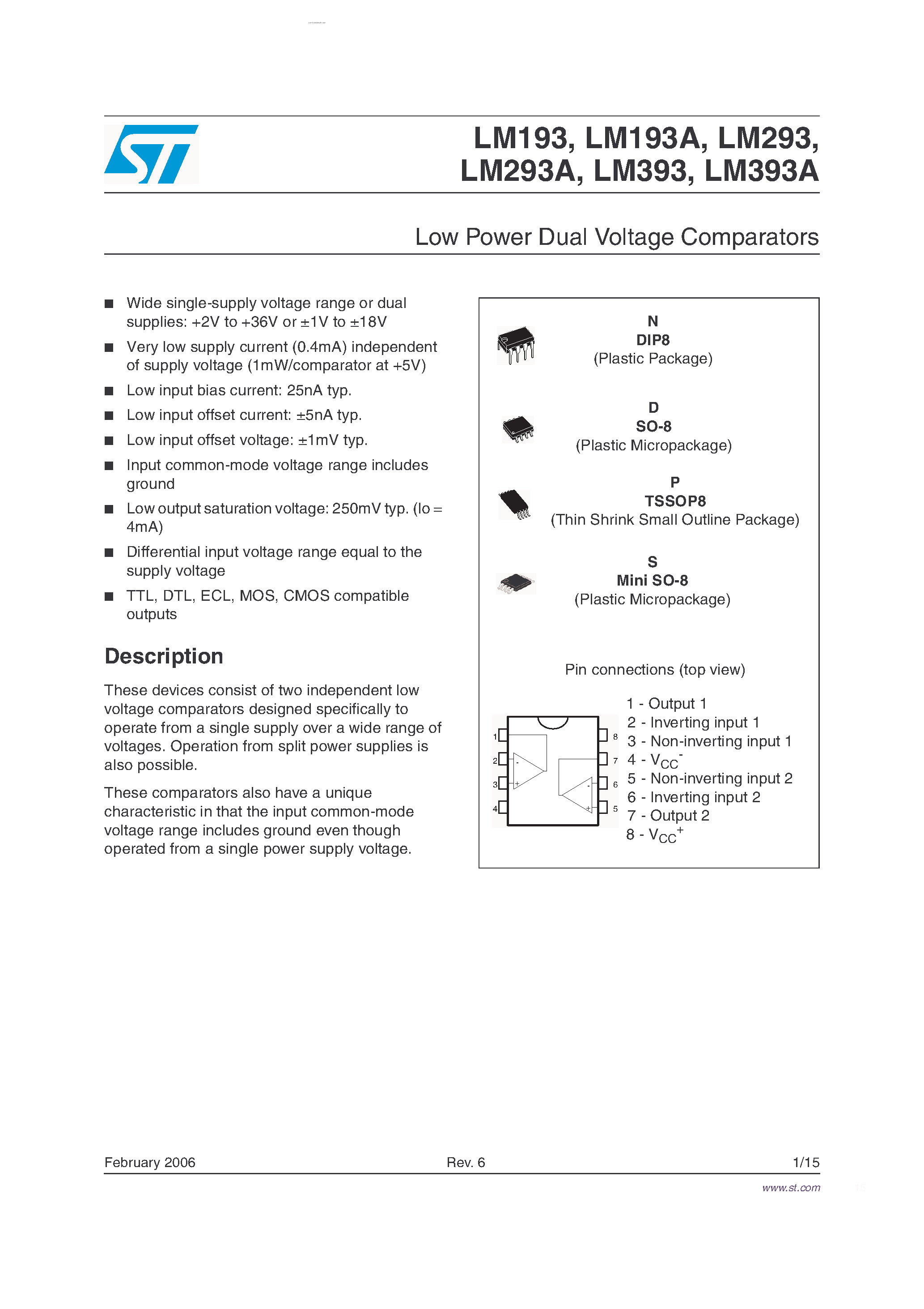 Datasheet LM293 - Low Power Dual Voltage Comparators page 1