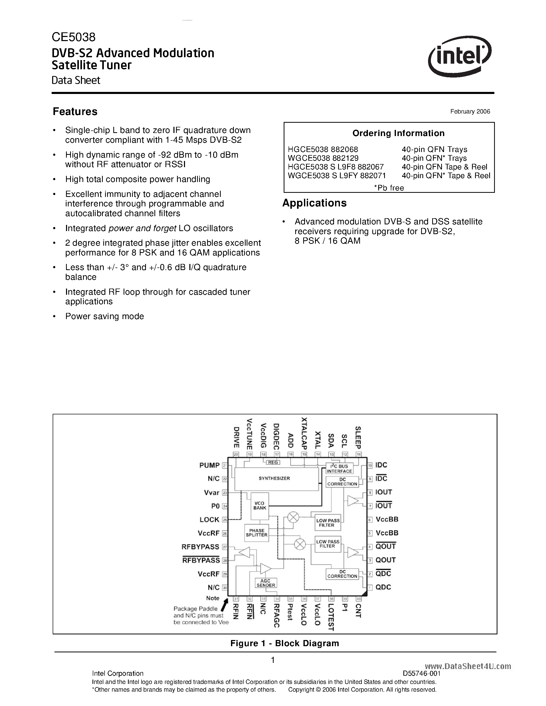 Даташит WGCE5038 - DVB-S2 Advanced Modulation Satellite Tuner страница 1