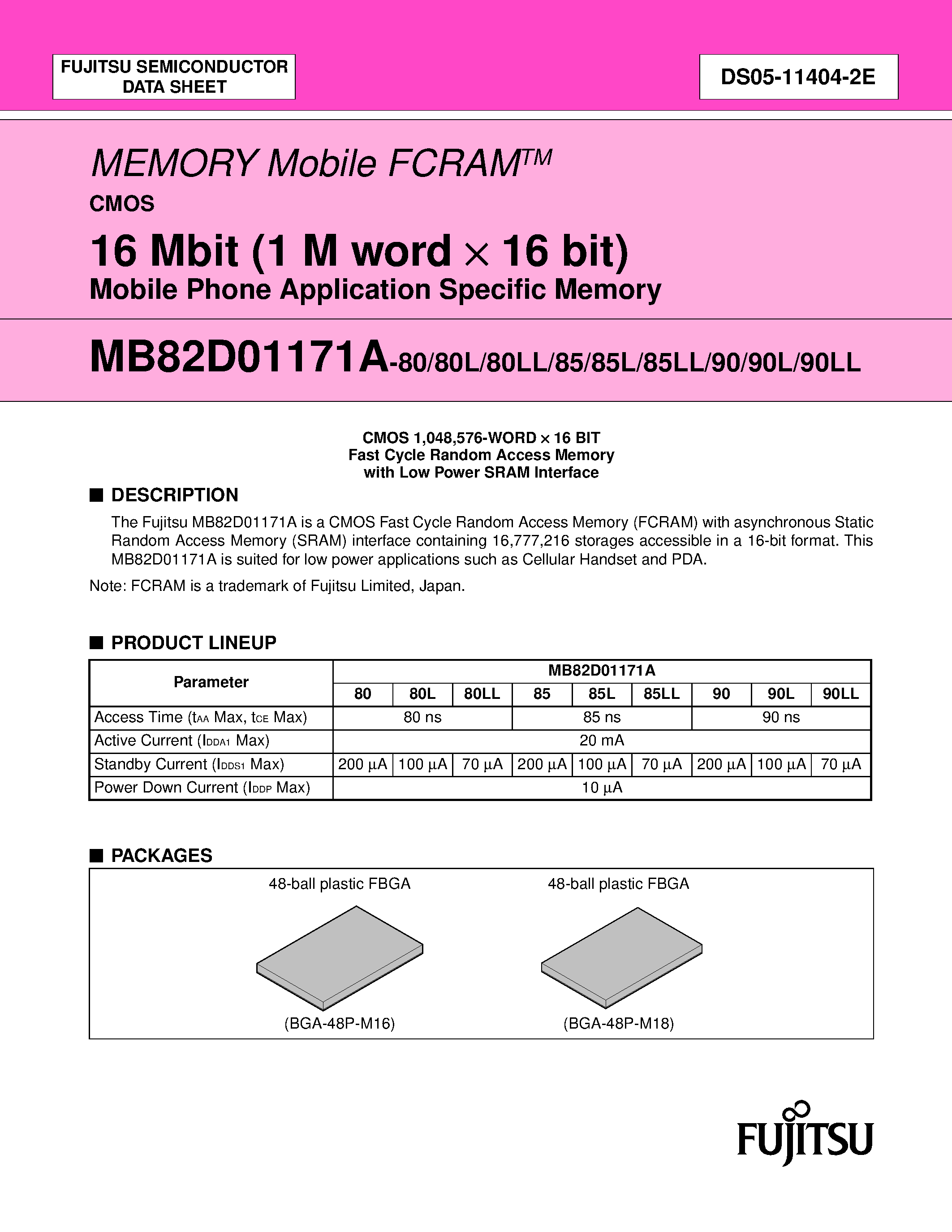 Даташит MB82D01171A - 16 Mbit (1 M word x 16 bit) Mobile Phone Application Specific Memory страница 1