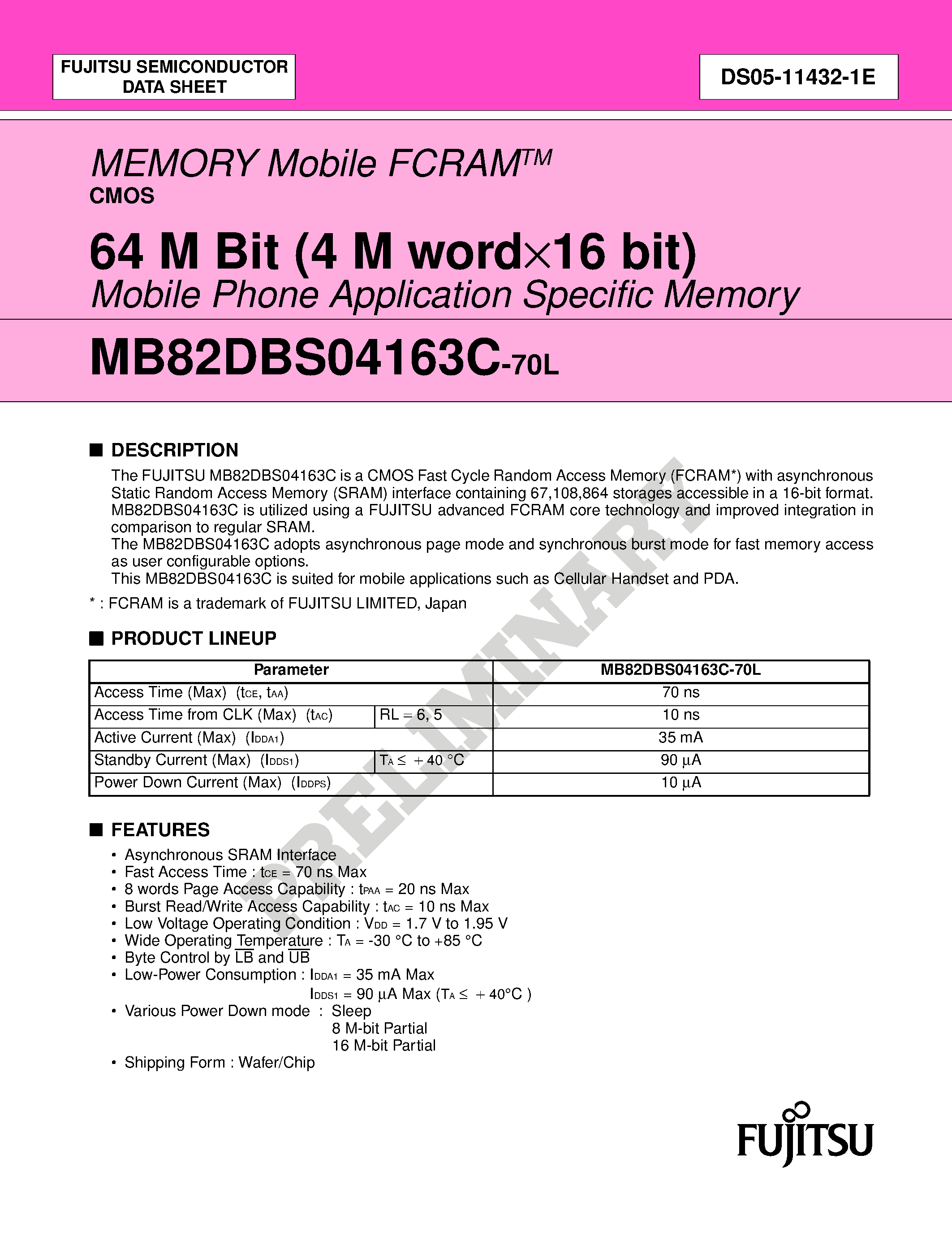 Даташит MB82DBS04163C - MEMORY Mobile FCRAMTM CMOS 64 M Bit страница 1