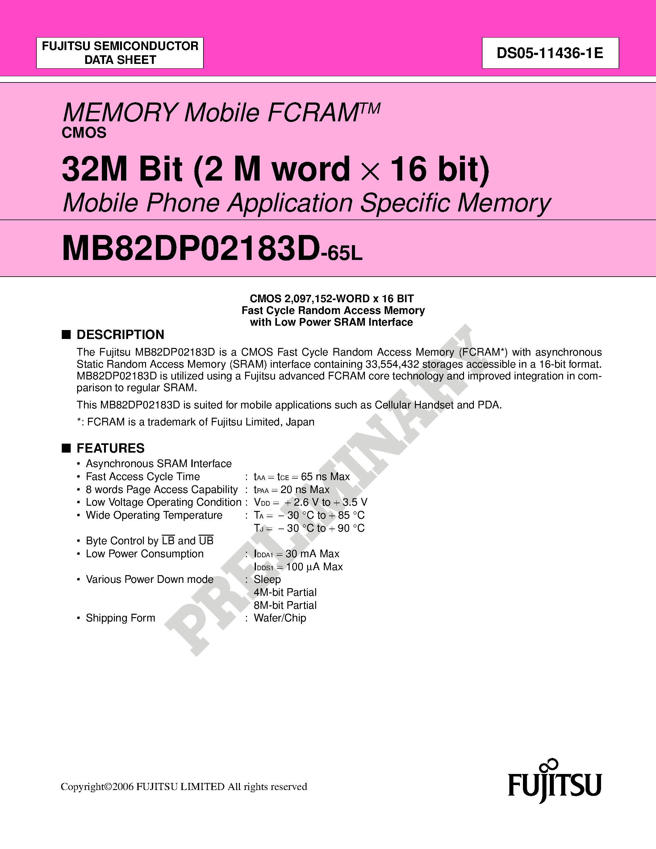 Даташит MB82DP02183D - 32M Bit (2 M word X 16 bit) Mobile Phone Application Specific Memory страница 1