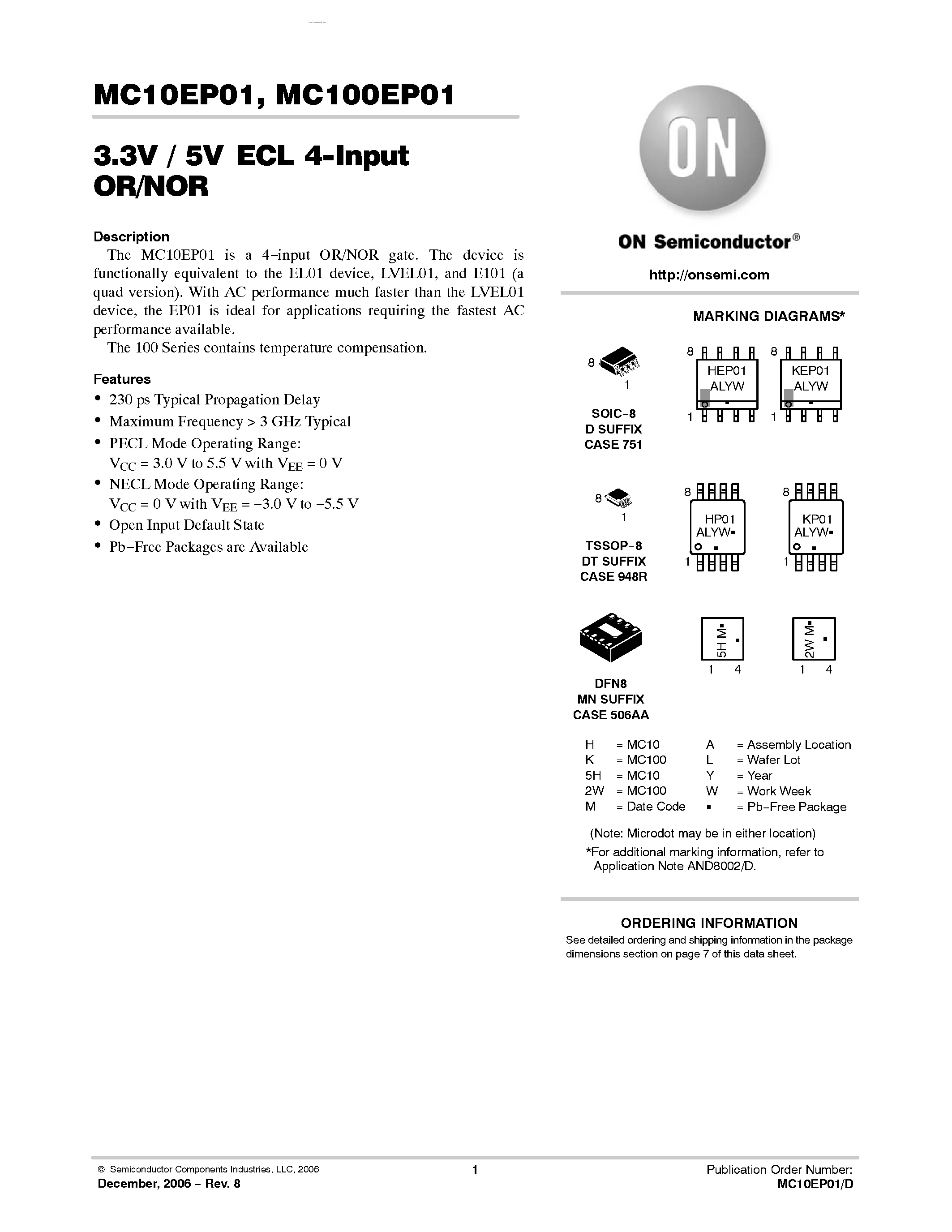 Datasheet MC100EP01 - 3.3V / 5V ECL 4-Input OR/NOR page 1