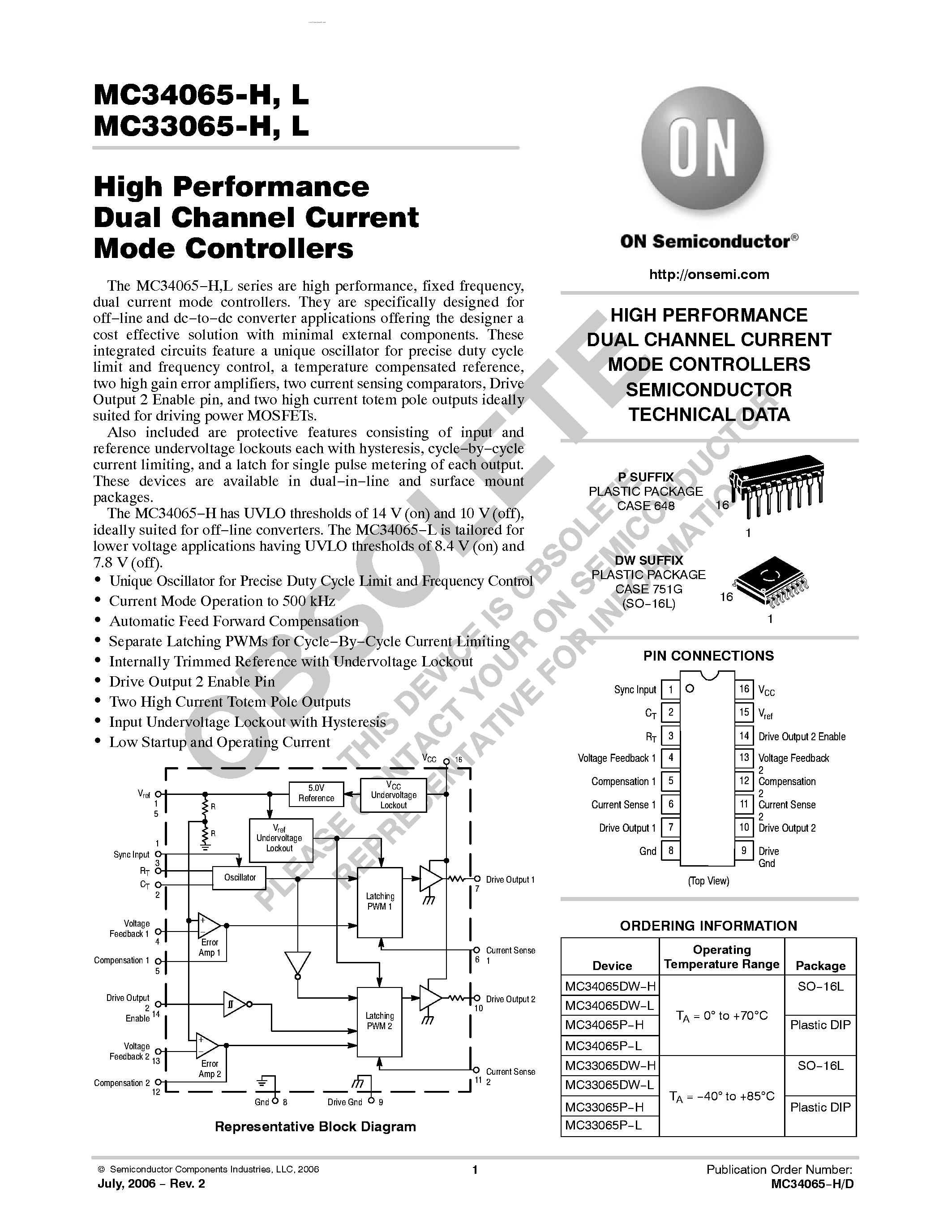 Даташит MC33065-H - (MC3x065-x) High Performance Dual Channel Current Mode Controllers страница 1