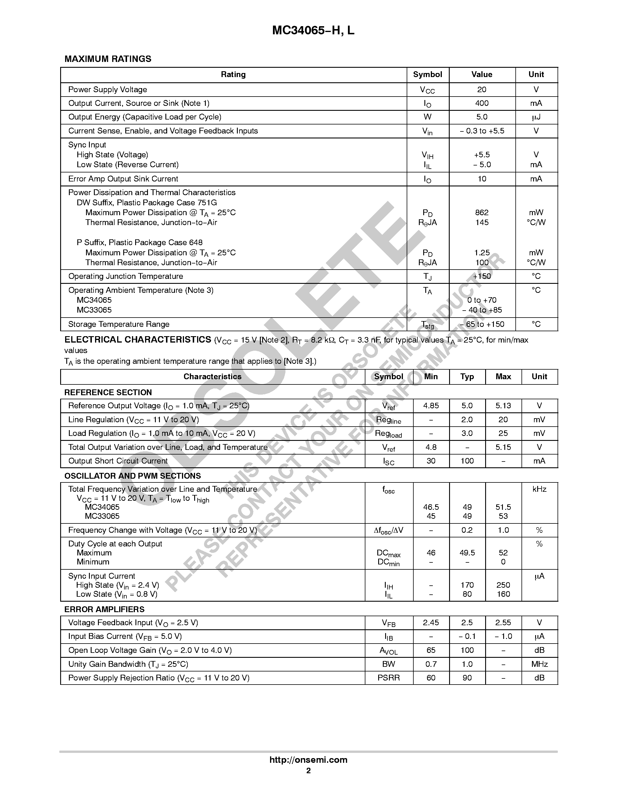 Даташит MC33065-H - (MC3x065-x) High Performance Dual Channel Current Mode Controllers страница 2