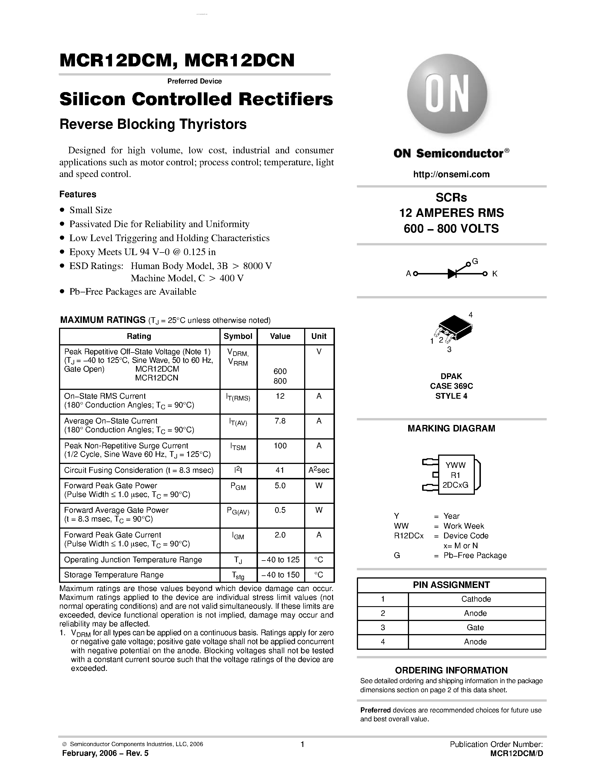 Datasheet MCR12DCN - Silicon Controlled Rectifiers Reverse Blocking Thyristors page 1