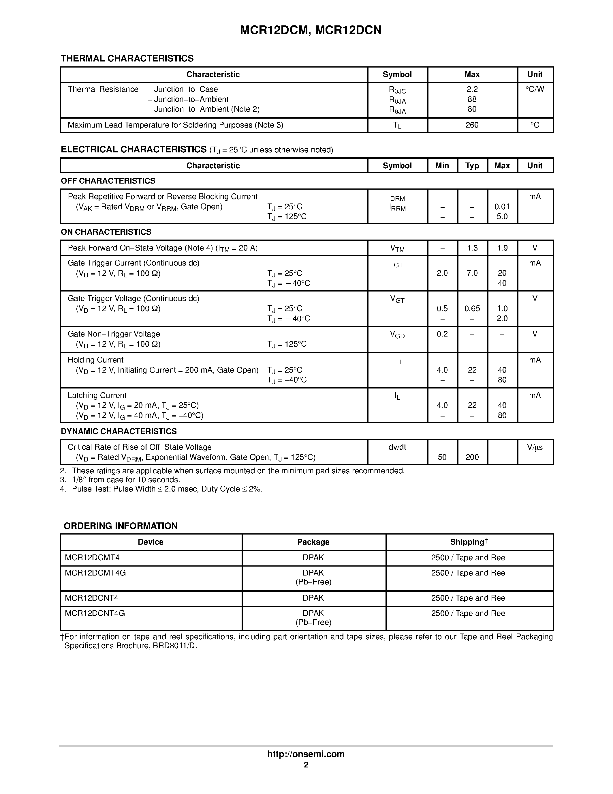 Datasheet MCR12DCN - Silicon Controlled Rectifiers Reverse Blocking Thyristors page 2