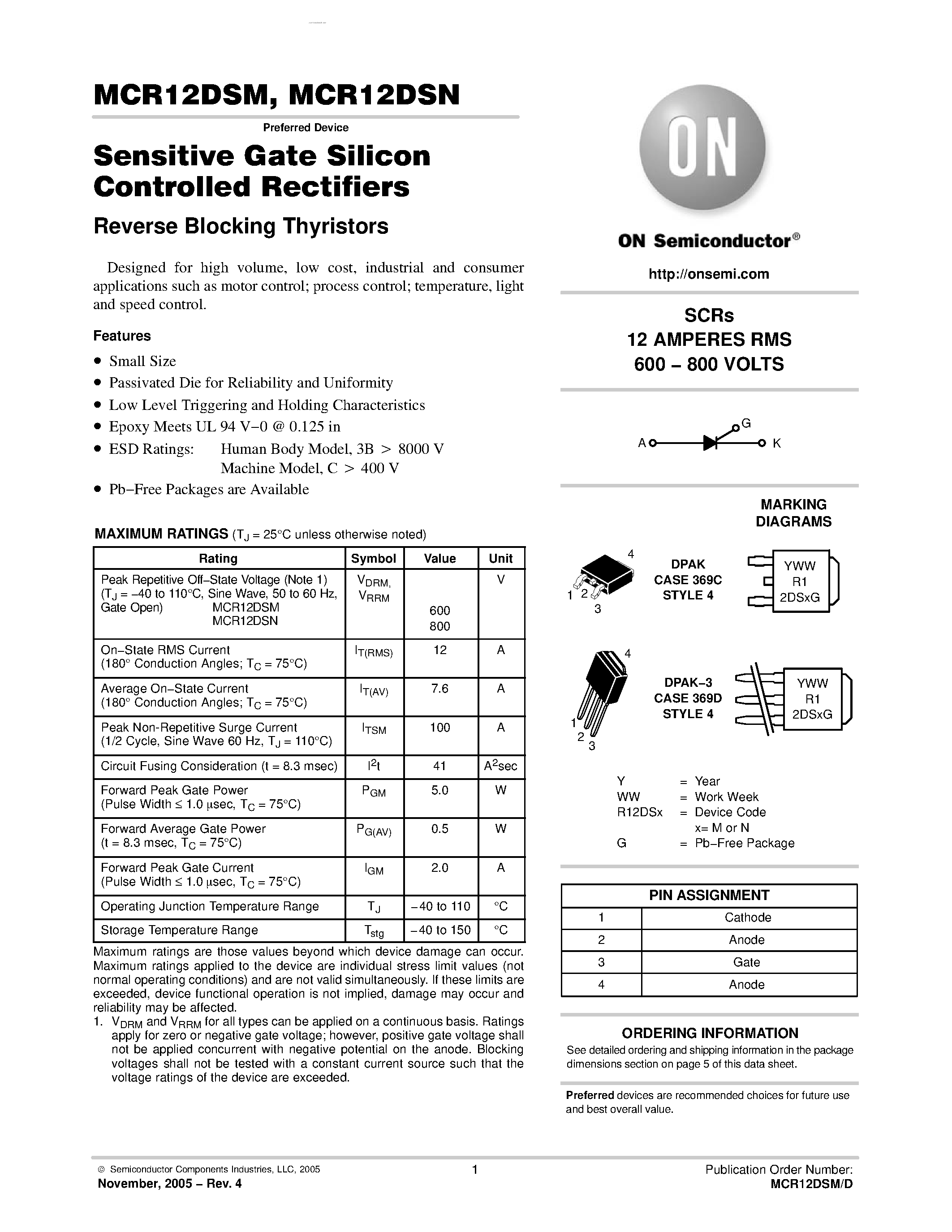 Datasheet MCR12DSM - Sensitive Gate Silicon Controlled Rectifiers Reverse Blocking Thyristors page 1