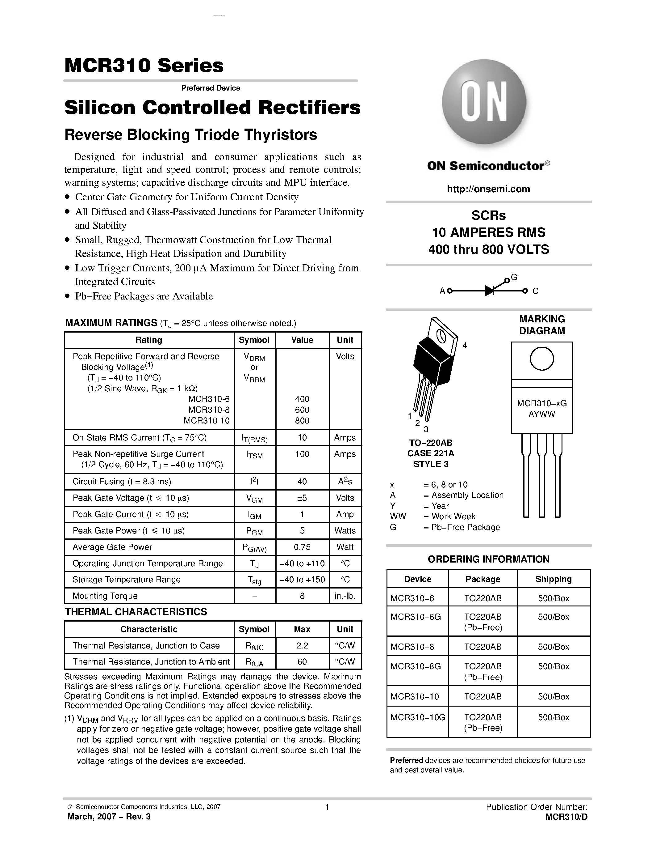 Datasheet MCR310 - Silicon Controlled Rectifiers Reverse Blocking Triode Thyristors page 1