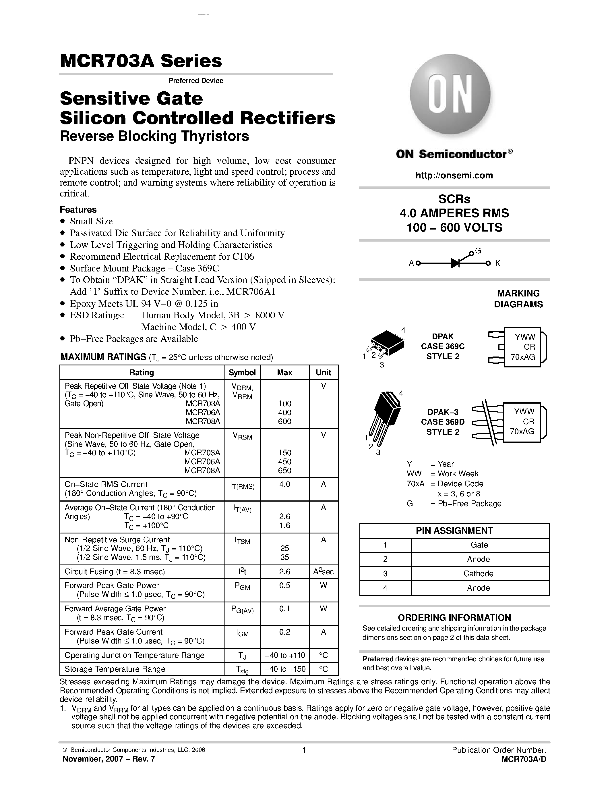 Datasheet MCR703A - Sensitive Gate Silicon Controlled Rectifiers Reverse Blocking Thyristors page 1