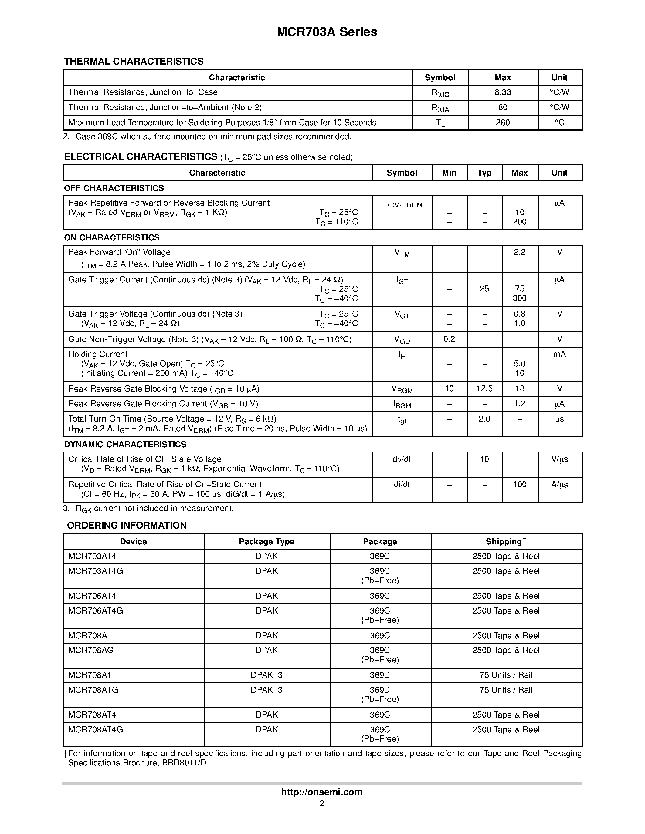 Datasheet MCR703A - Sensitive Gate Silicon Controlled Rectifiers Reverse Blocking Thyristors page 2