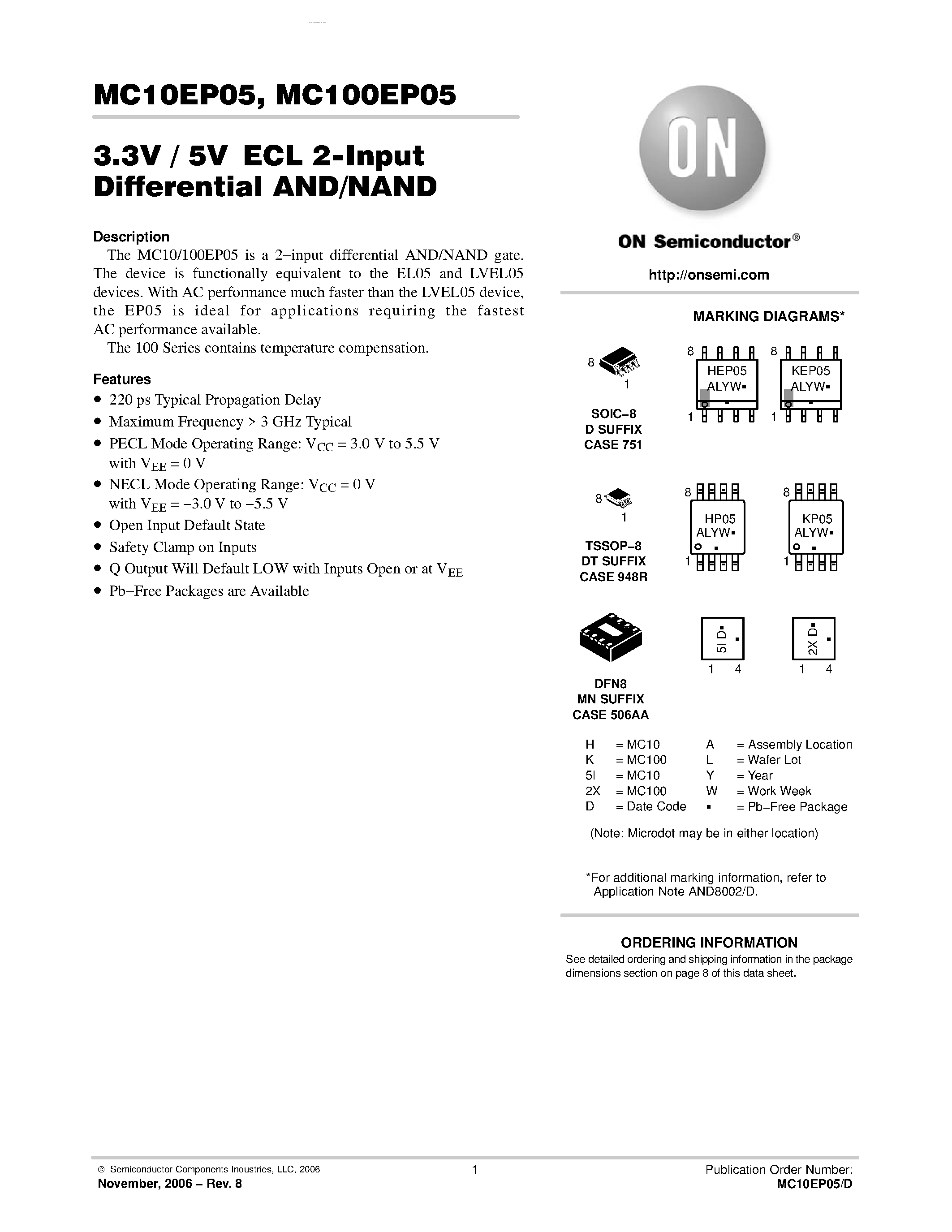 Datasheet MC100EP05 - 3.3V / 5V ECL 2-Input Differential AND/NAND page 1