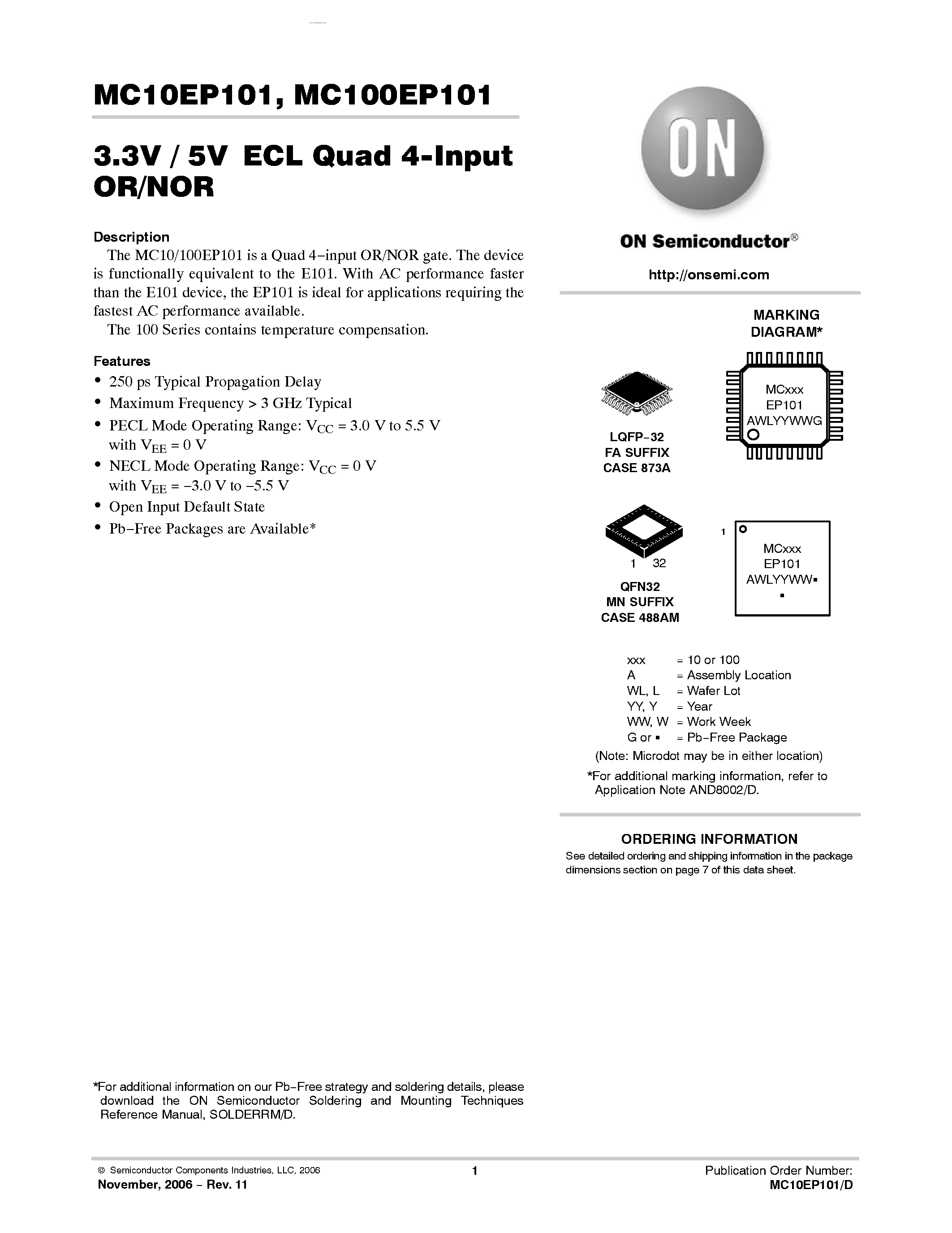 Datasheet MC100EP101 - 3.3V / 5V ECL Quad 4-Input OR/NOR page 1