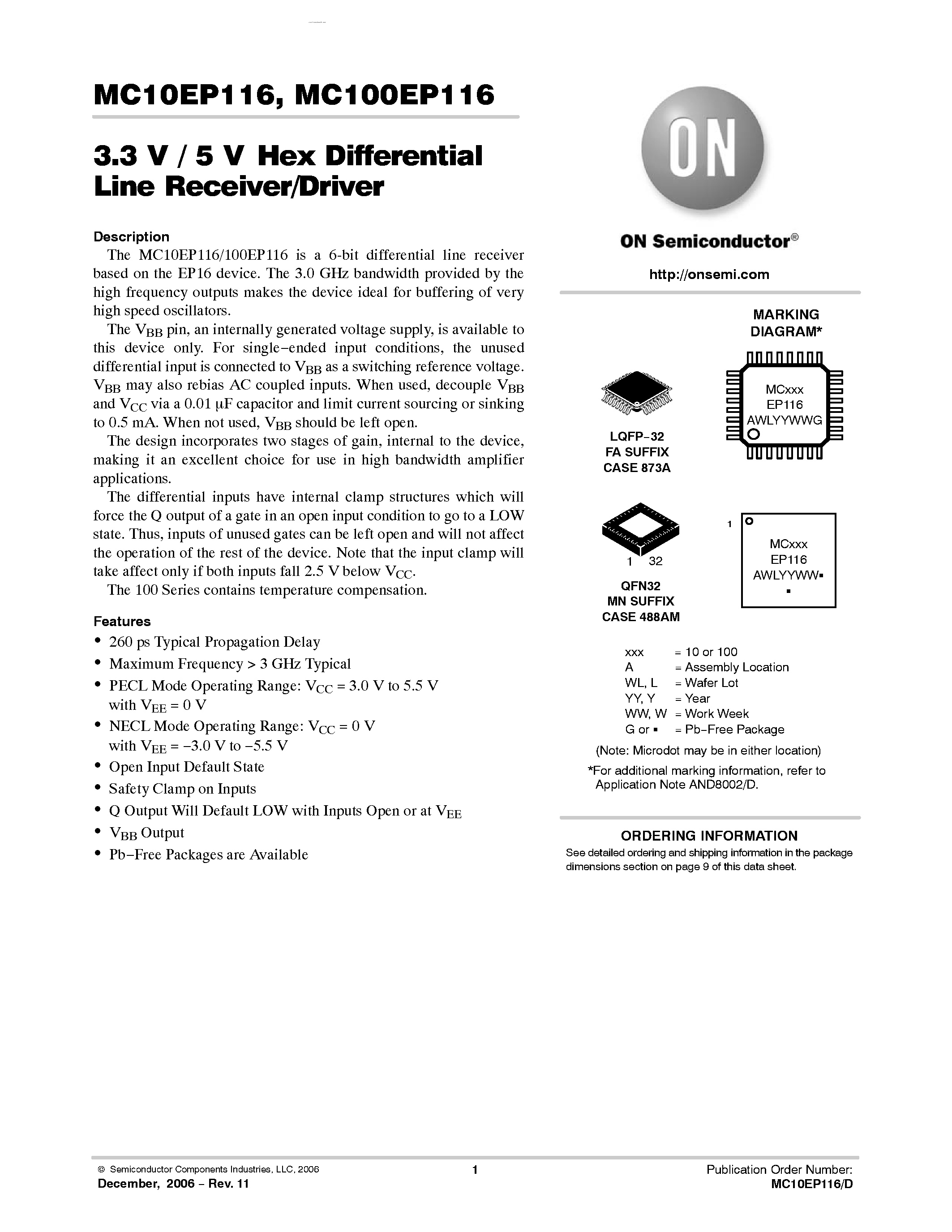 Datasheet MC100EP116 - 3.3 V / 5 V Hex Differential Line Receiver/Driver page 1