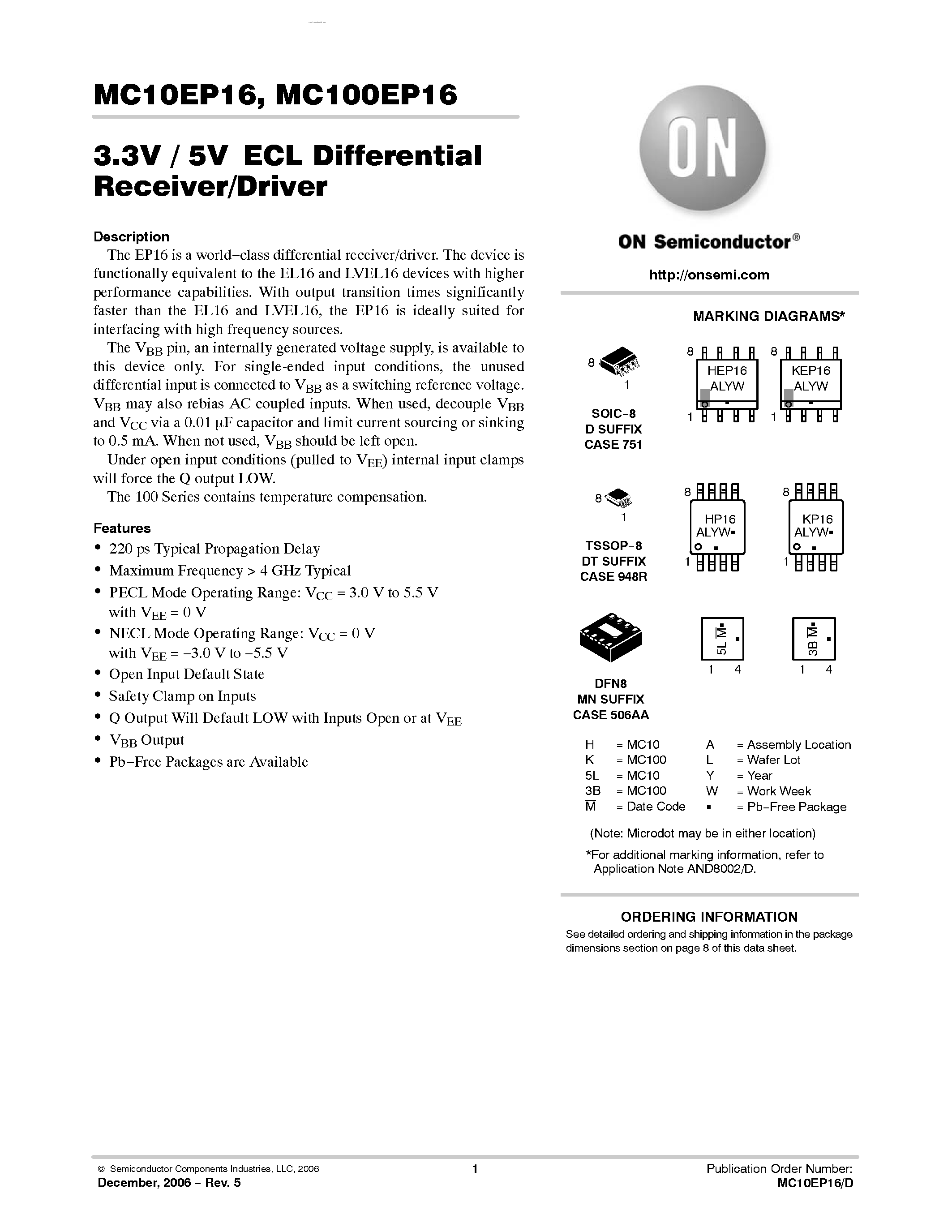 Datasheet MC100EP16 - 3.3V / 5V ECL Differential Receiver/Driver page 1