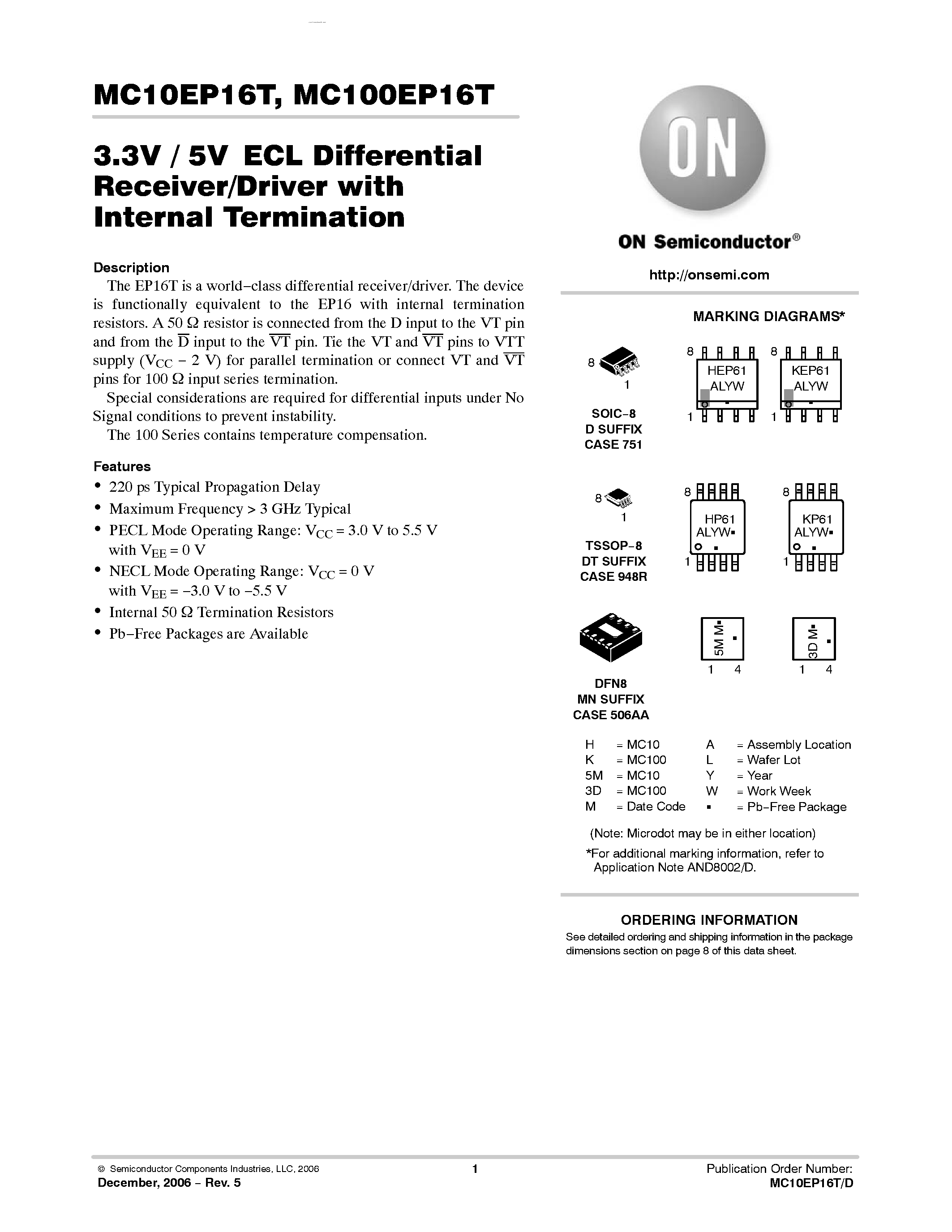 Datasheet MC100EP16T - 3.3V / 5V ECL Differential Receiver/Driver page 1