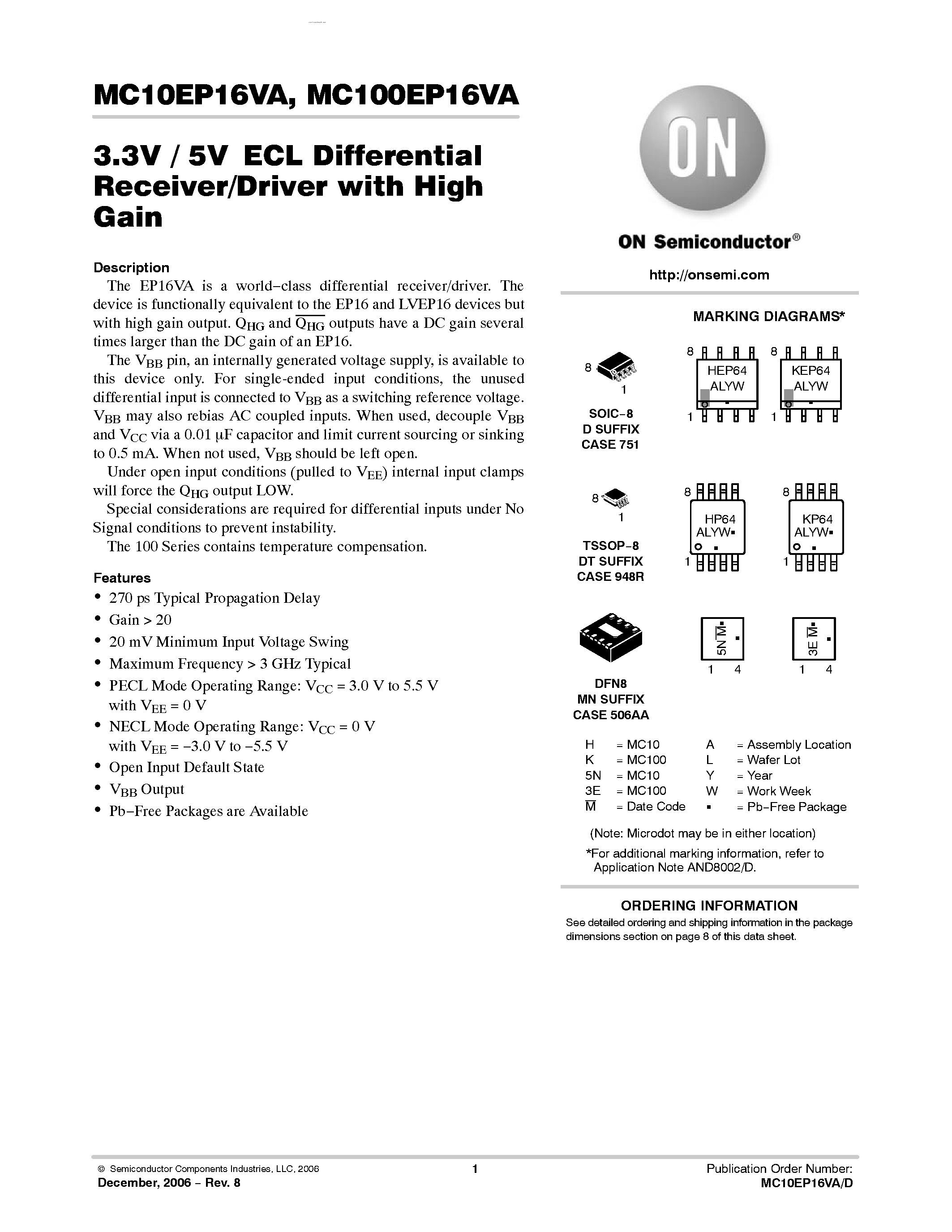 Datasheet MC100EP16VA - 3.3V / 5V ECL Differential Receiver/Driver page 1