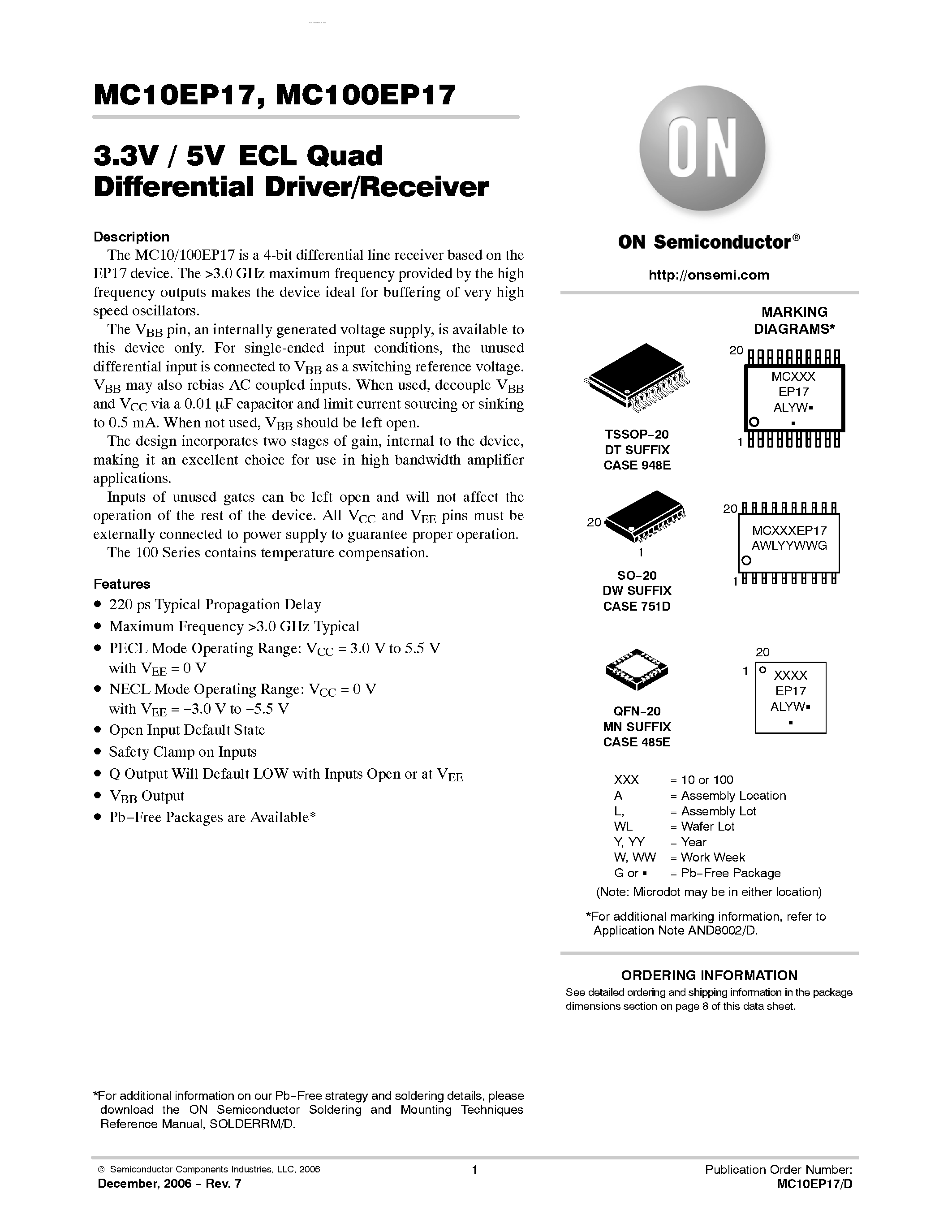 Datasheet MC100EP17 - 3.3V / 5V ECL Quad Differential Driver/Receiver page 1