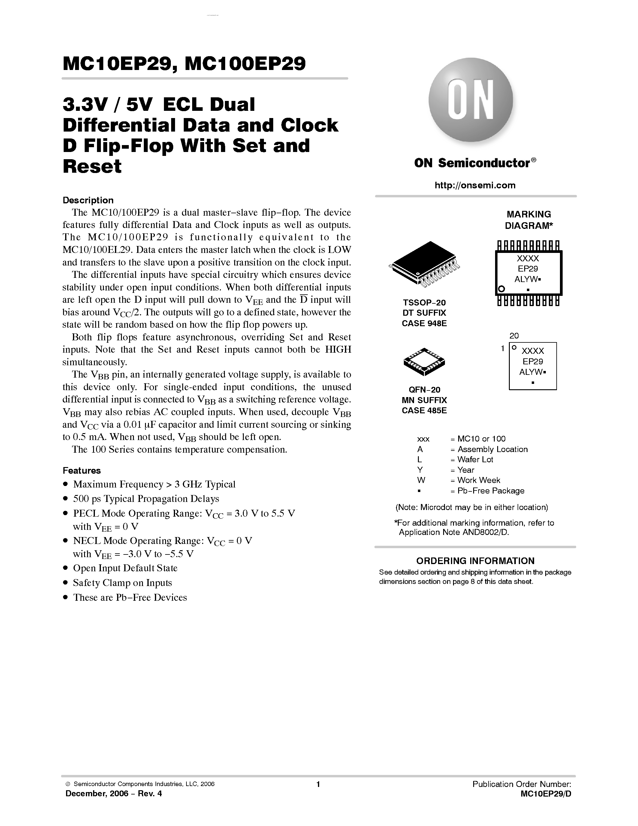 Datasheet MC100EP29 - 3.3V / 5V ECL Dual Differential Data and Clock D Flip-Flop page 1