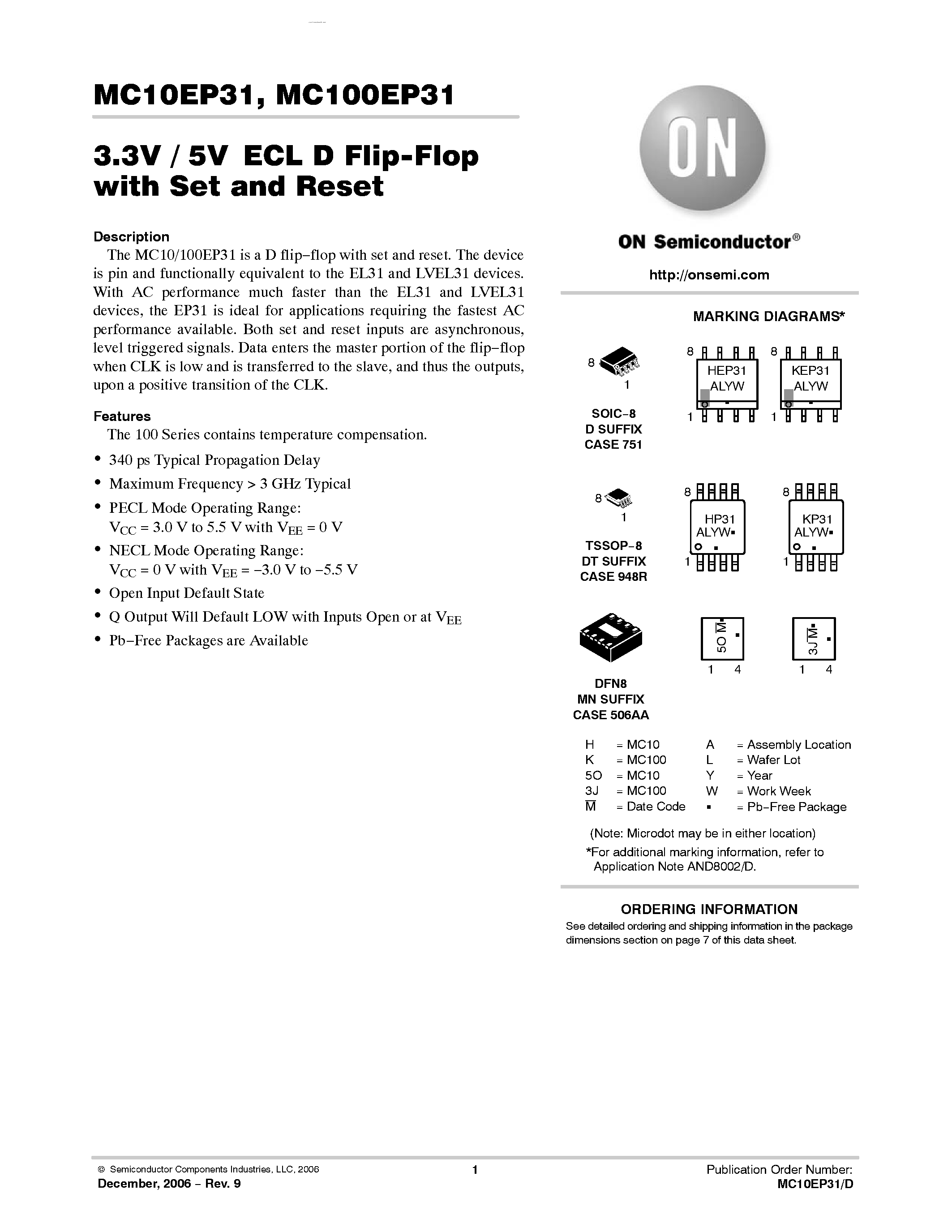 Datasheet MC100EP31 - 3.3V / 5V ECL D Flip-Flop page 1