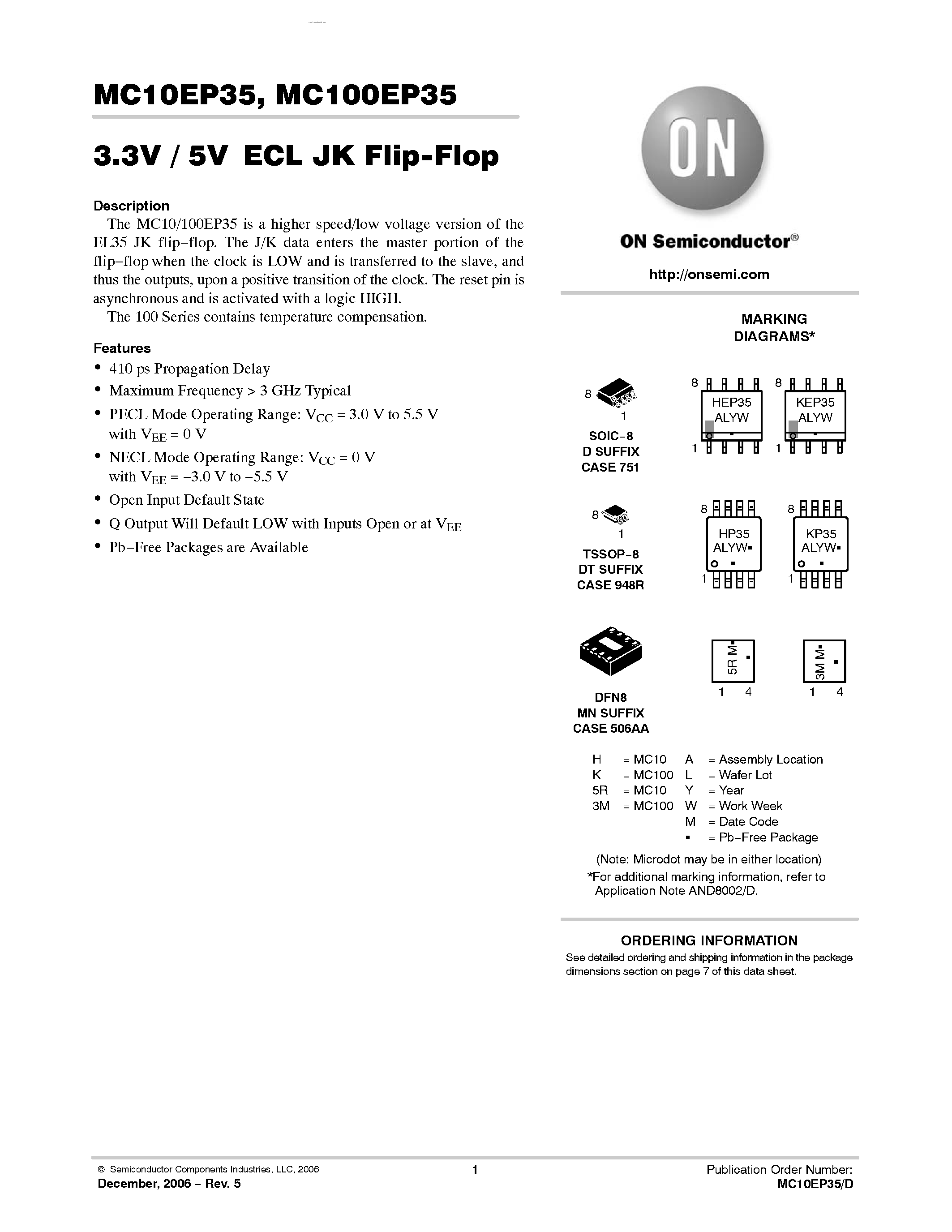 Datasheet MC100EP35 - 3.3V / 5V ECL JK Flip-Flop page 1