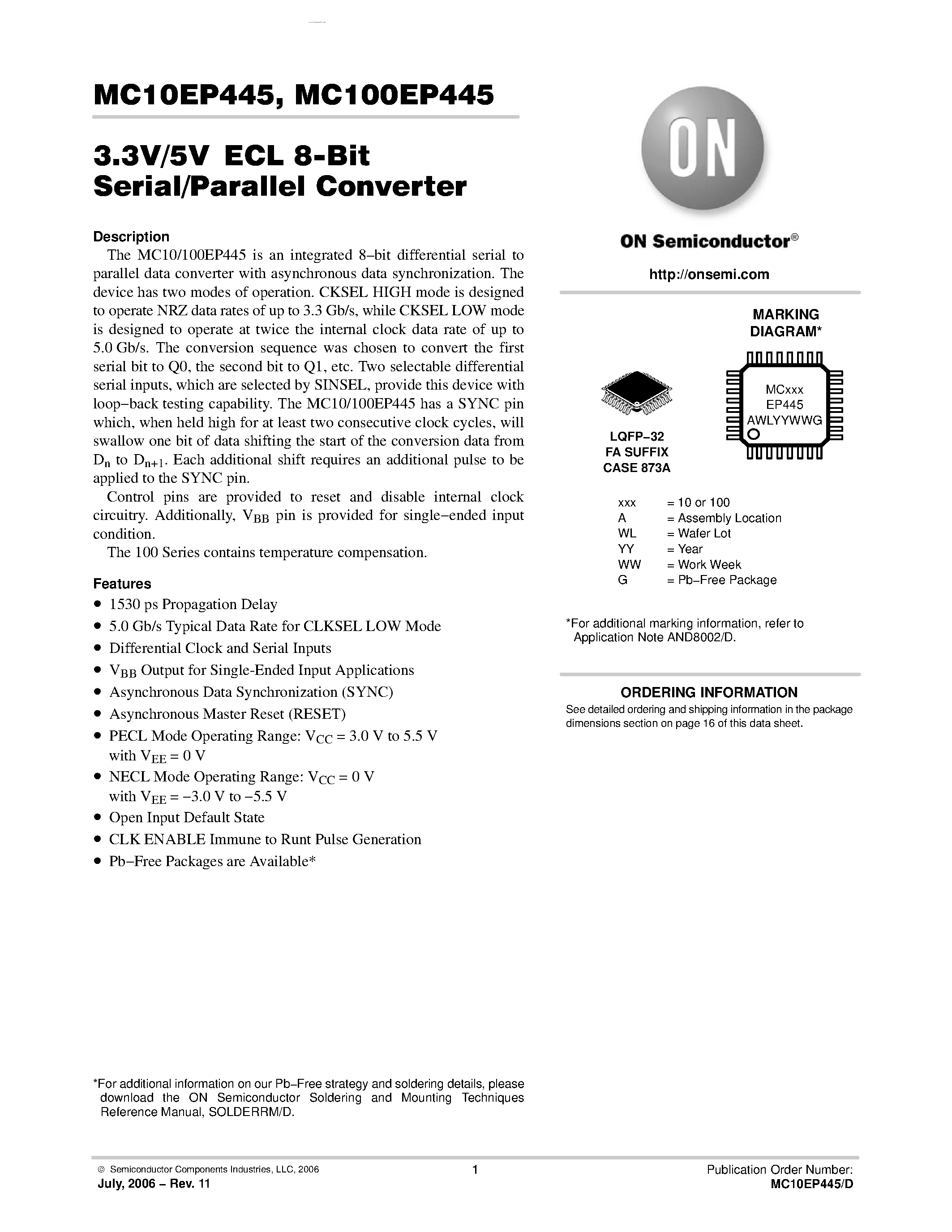 Datasheet MC100EP445 - 3.3V/5V ECL 8-Bit Serial/Parallel Converter page 1